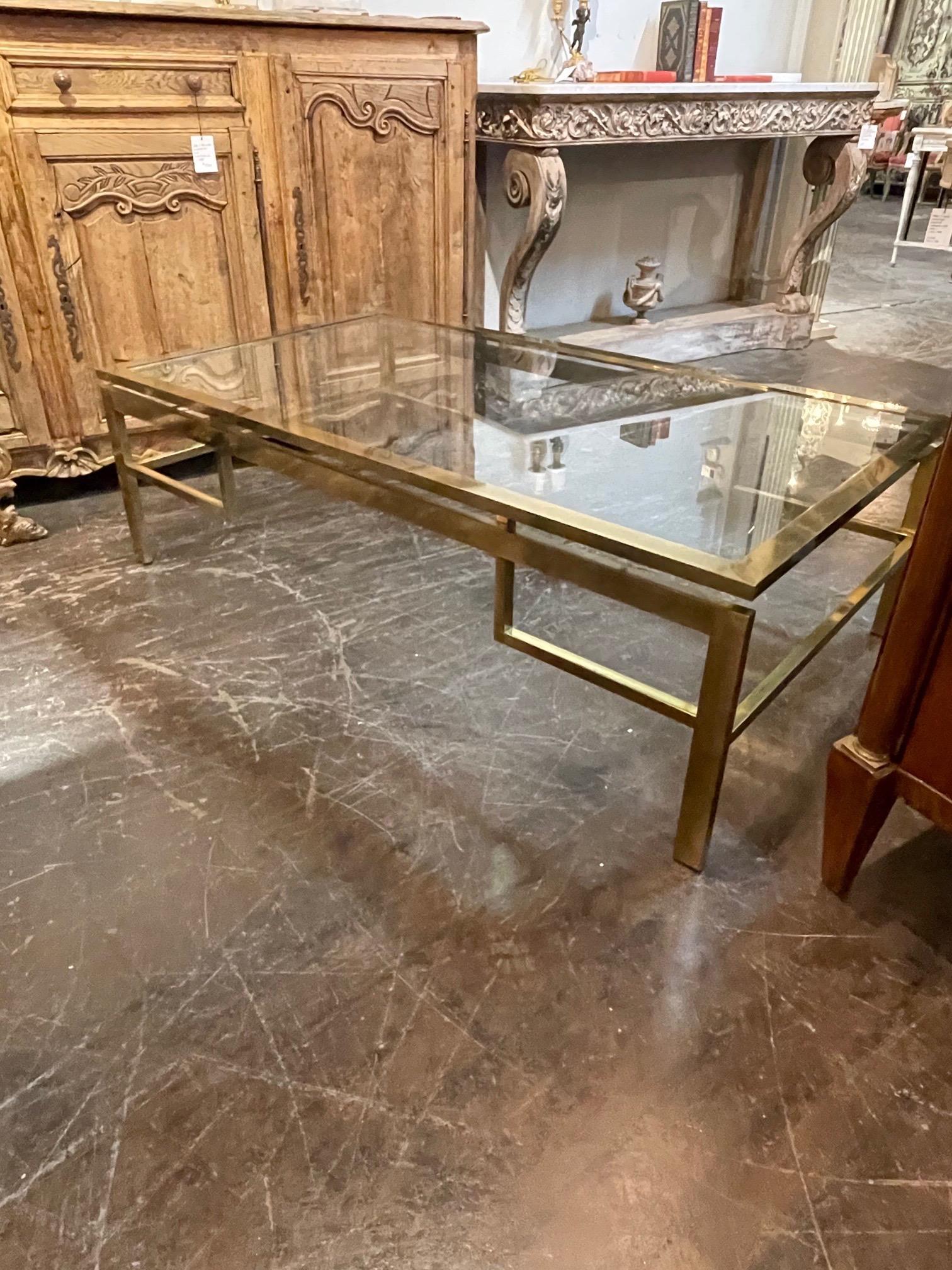 20th Century Vintage French Brass and Glass Coffee Table