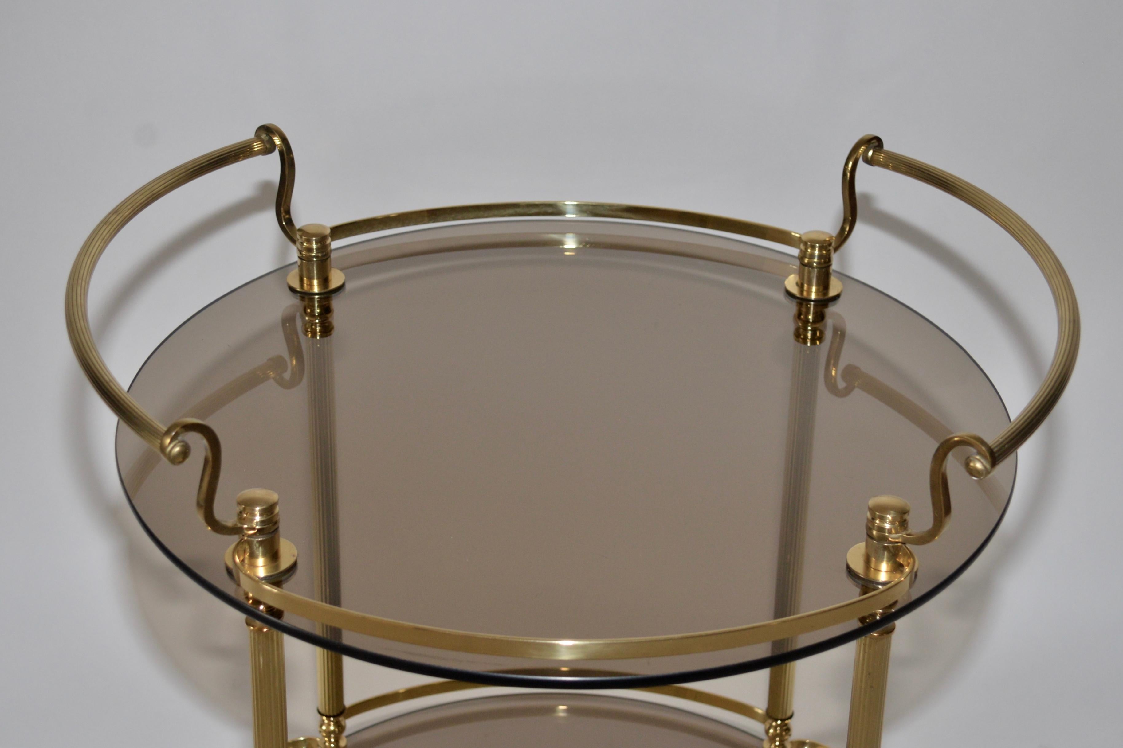 Polished Vintage French Brass and Glass Drinks Trolley