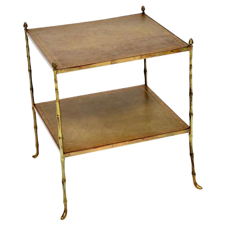 Vintage French Brass and Leather Side Table For Sale