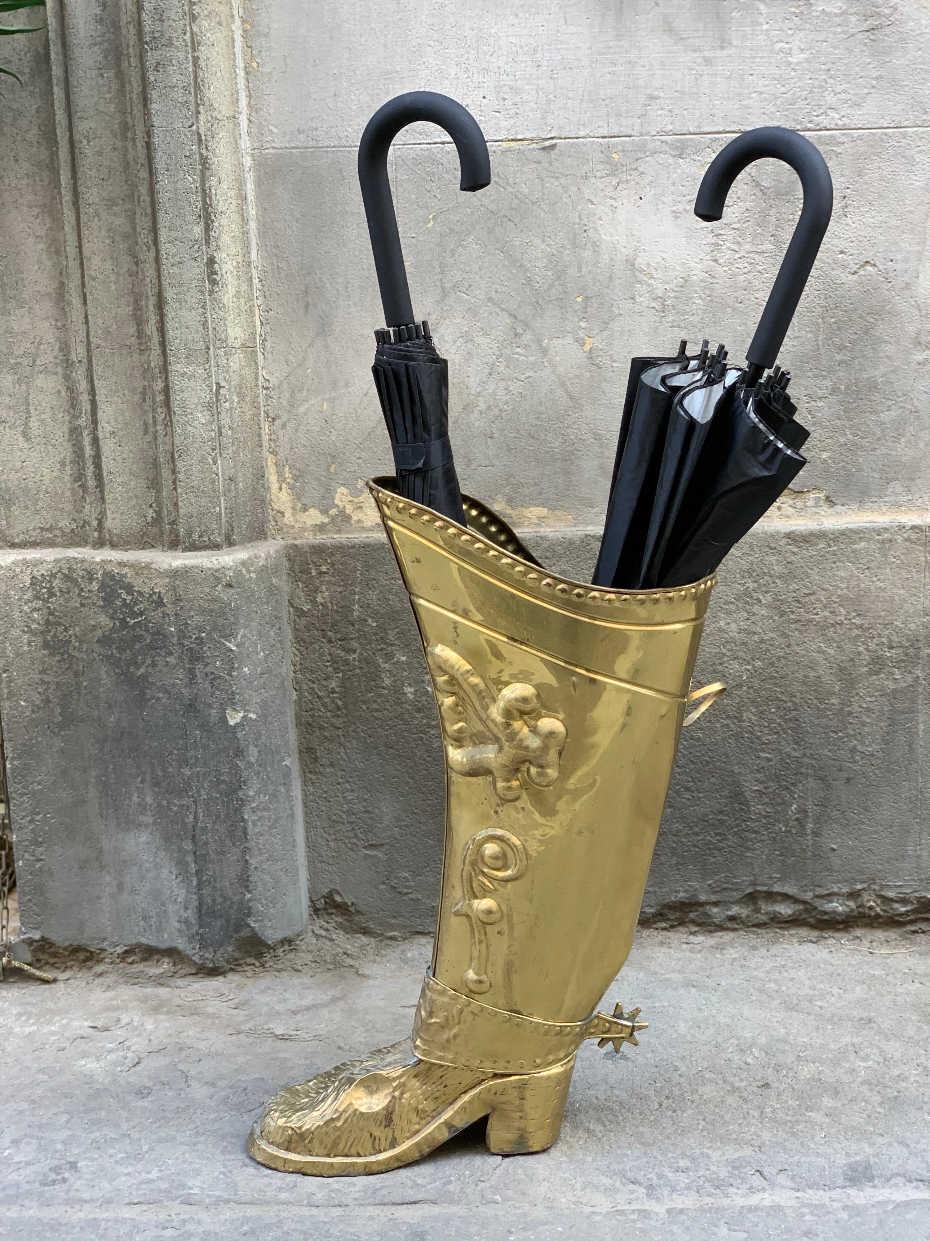 Hammered Vintage French Brass Boot Umbrella Stand, 1950s