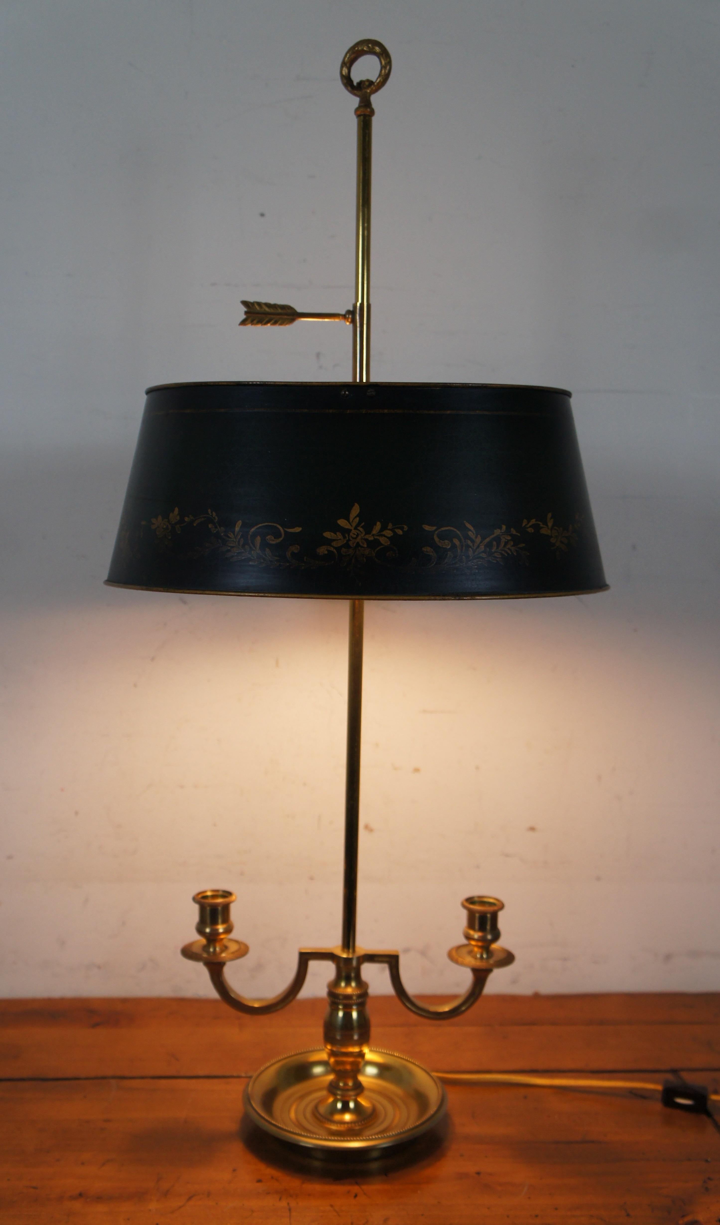 Vintage French Brass Bouillotte Table Desk Lamp Two Light Tole Shade Budoir 5