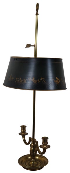 Vintage French Brass Bouillotte Table Desk Lamp Two Light Tole Shade Budoir 29""