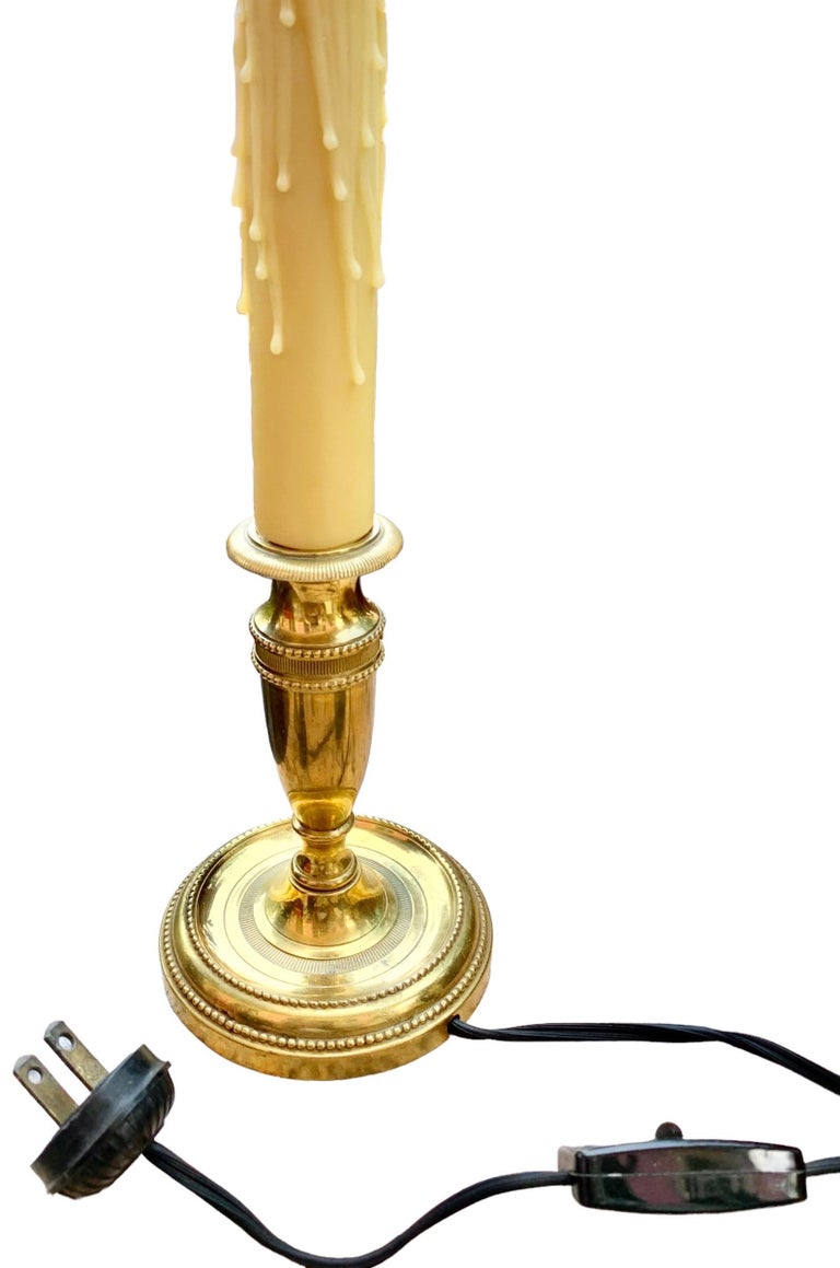 Vintage French Brass Candlestick Lamp With Cream Silk Shade For Sale at