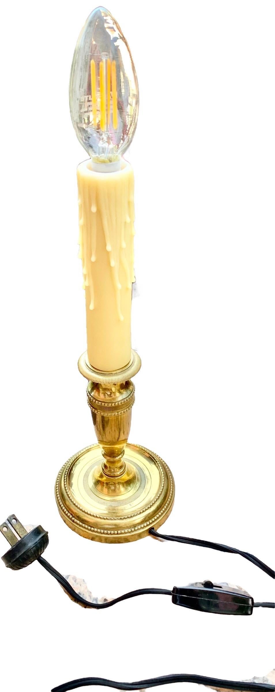 Vintage French Brass Candlestick Lamp With Cream Silk Shade 5