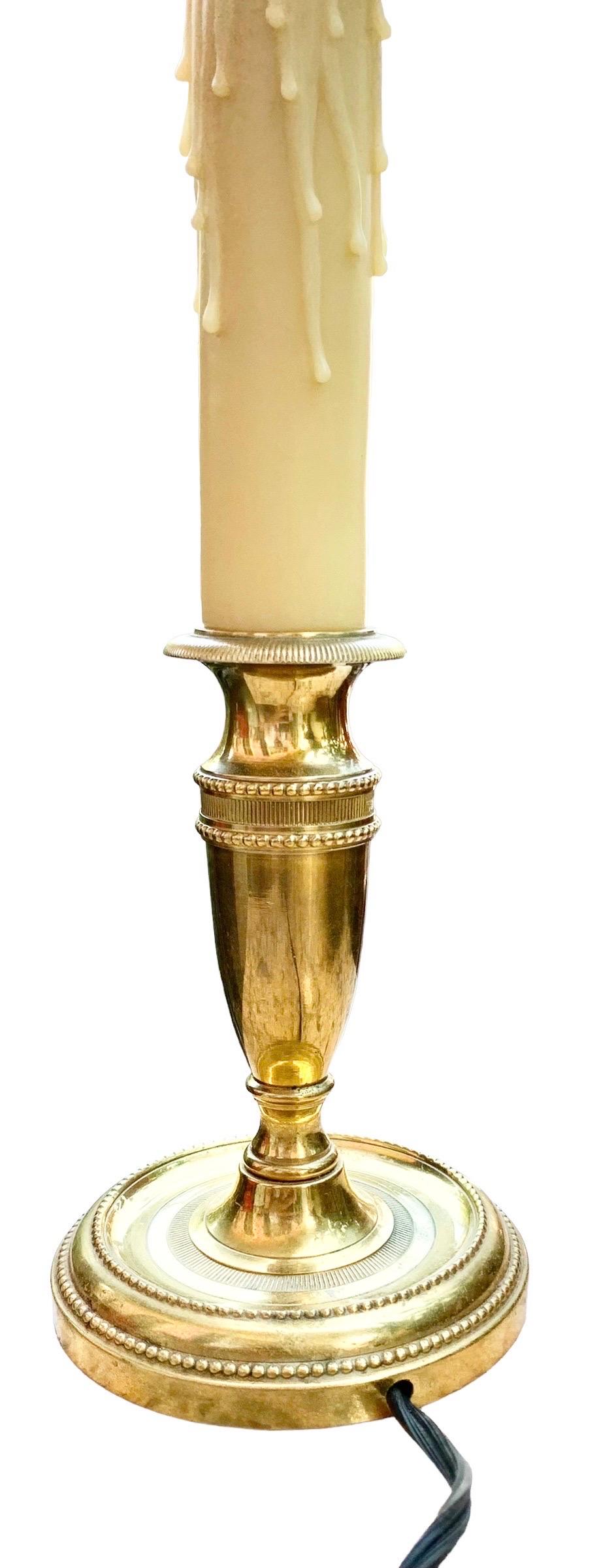 Vintage French Brass Candlestick Lamp With Cream Silk Shade 8