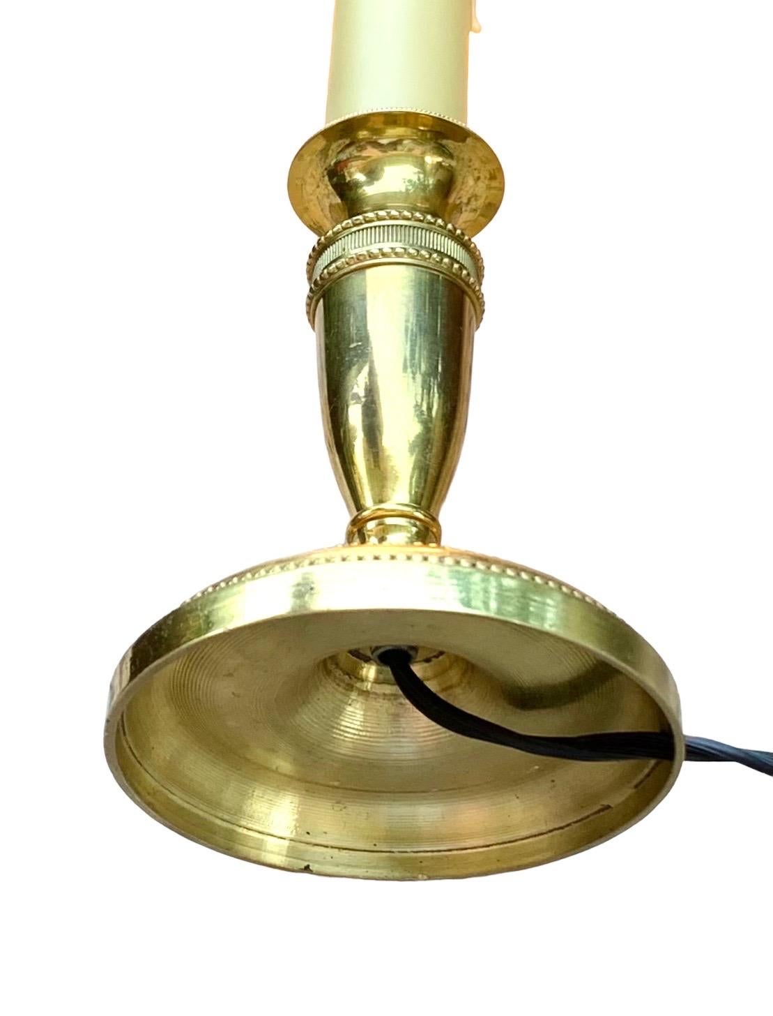 Vintage French Brass Candlestick Lamp With Cream Silk Shade In Good Condition In New Orleans, LA