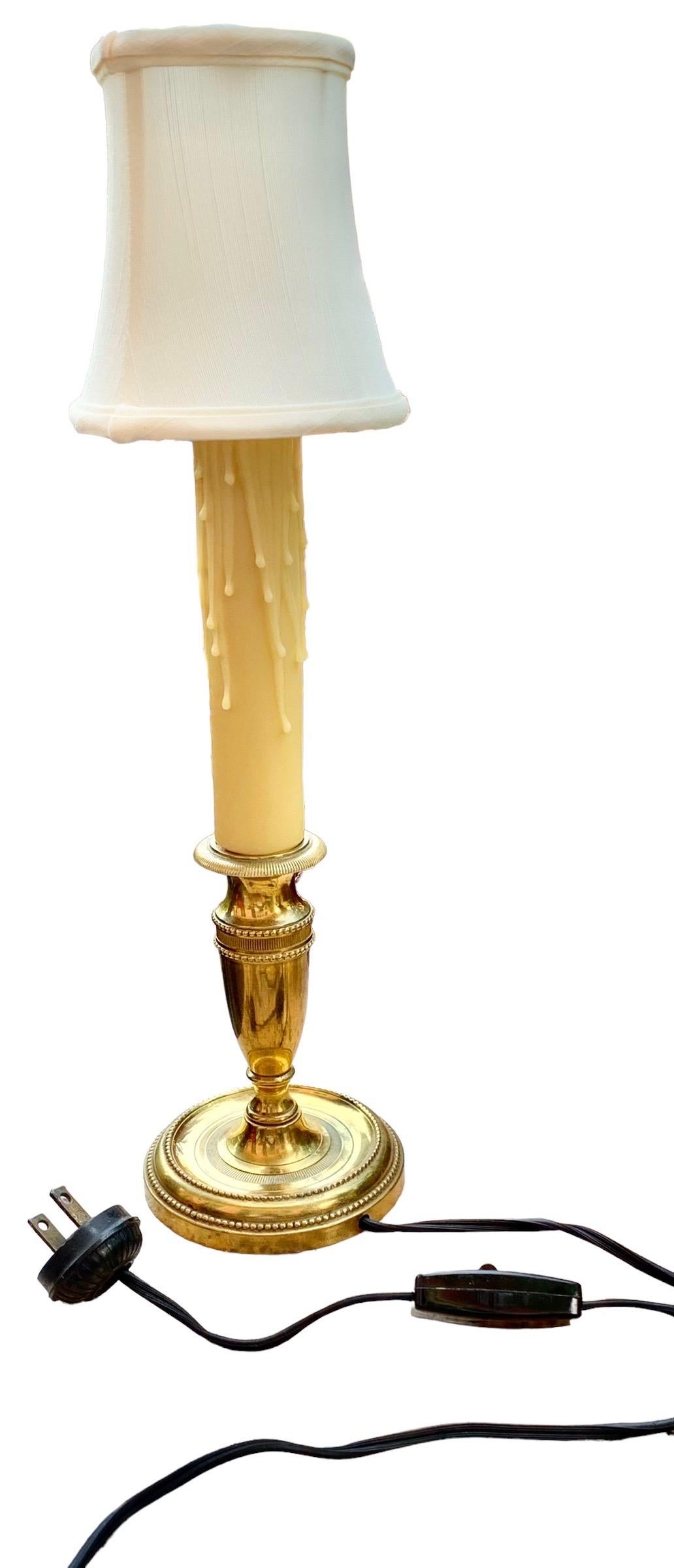 Vintage French Brass Candlestick Lamp With Cream Silk Shade 1