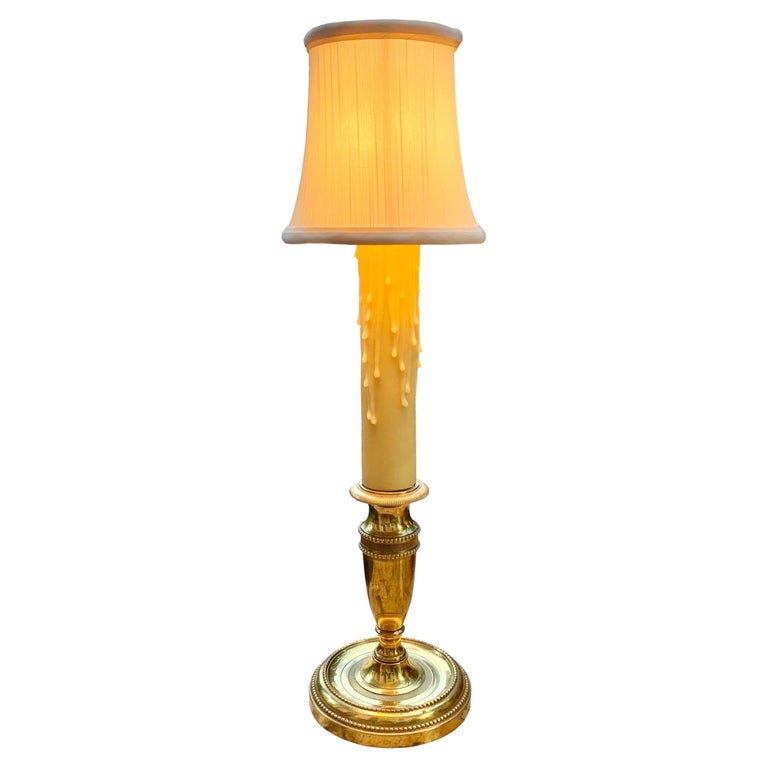 Vintage French Brass Candlestick Lamp With Cream Silk Shade For Sale at