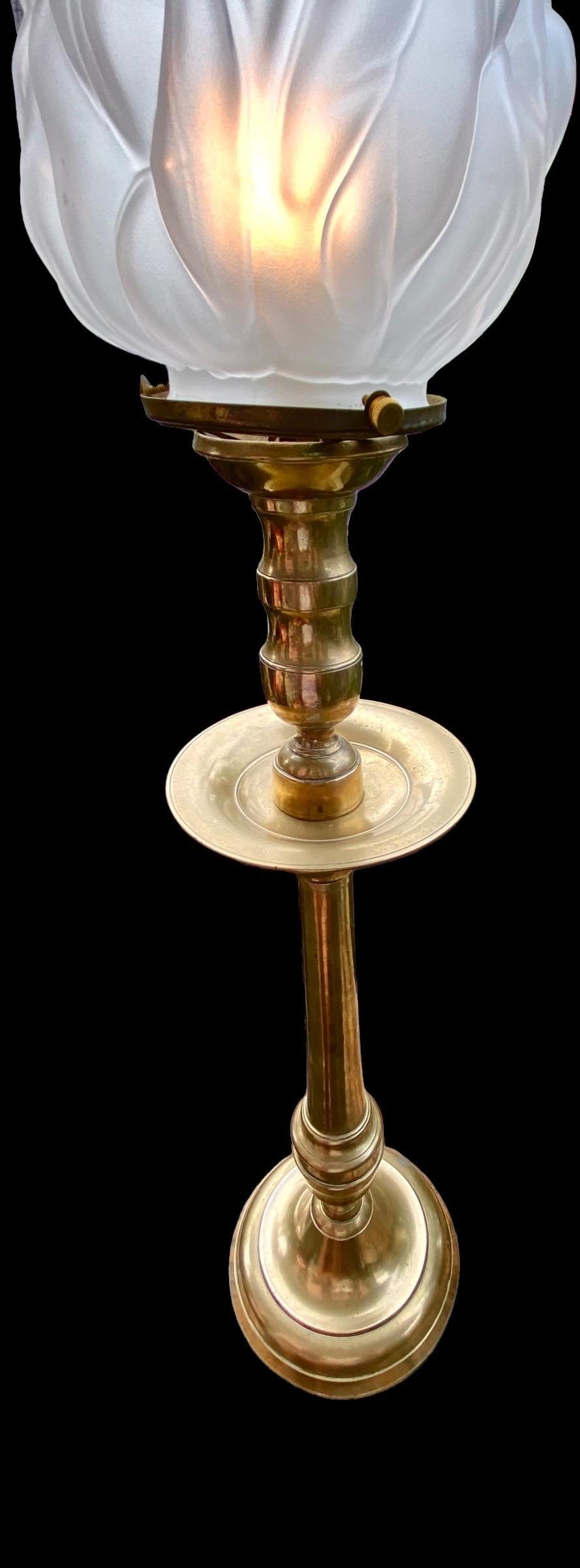 Vintage French Brass Candlestick Lamp with Frosted Flame Shade 5