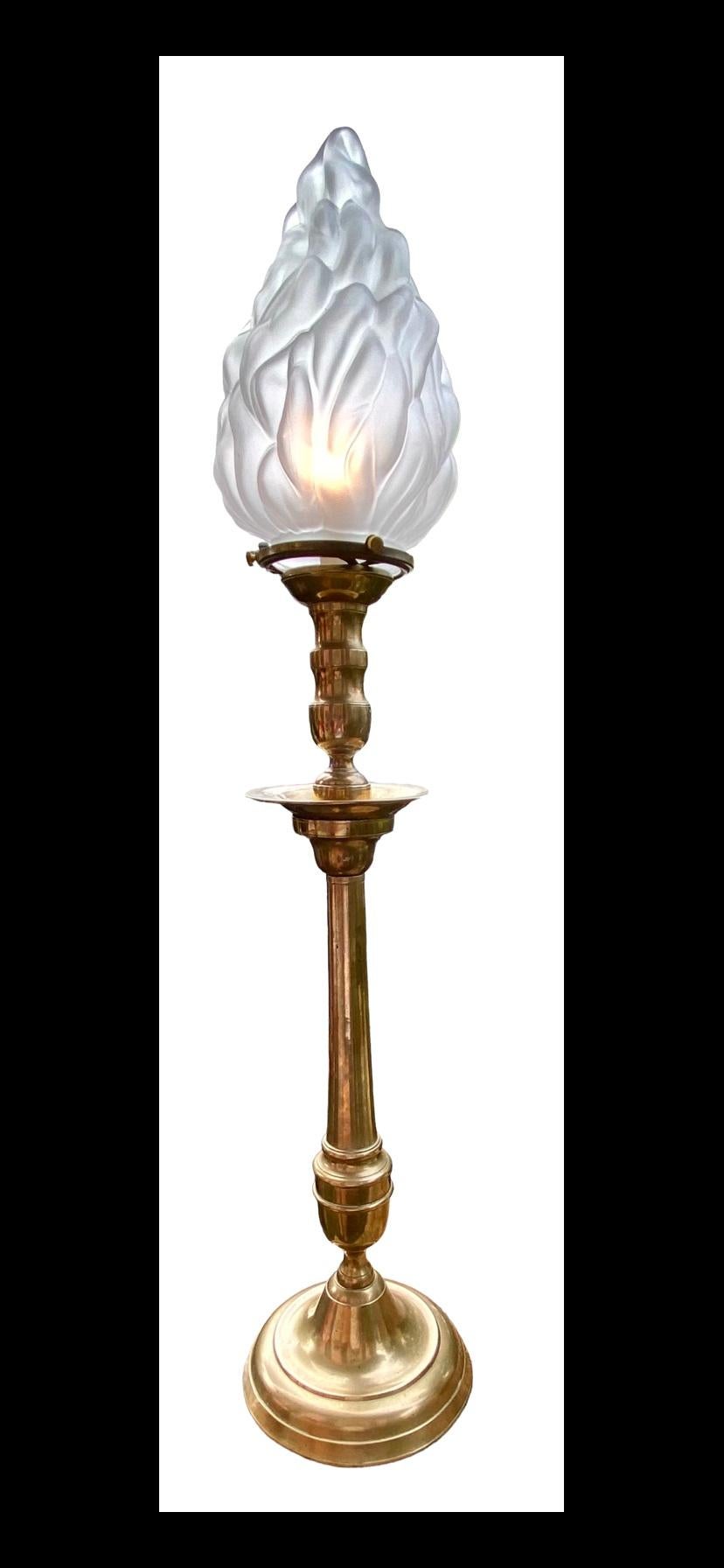 Vintage French Brass Candlestick Lamp with Frosted Flame Shade 6
