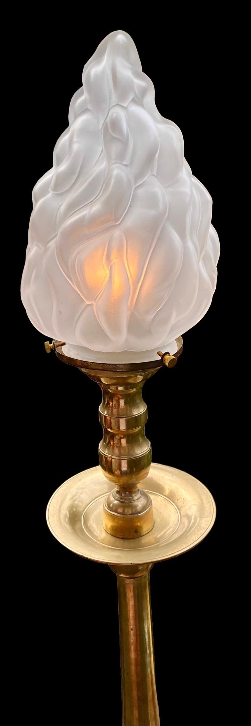 Vintage French Brass Candlestick Lamp with Frosted Flame Shade In Good Condition In New Orleans, LA