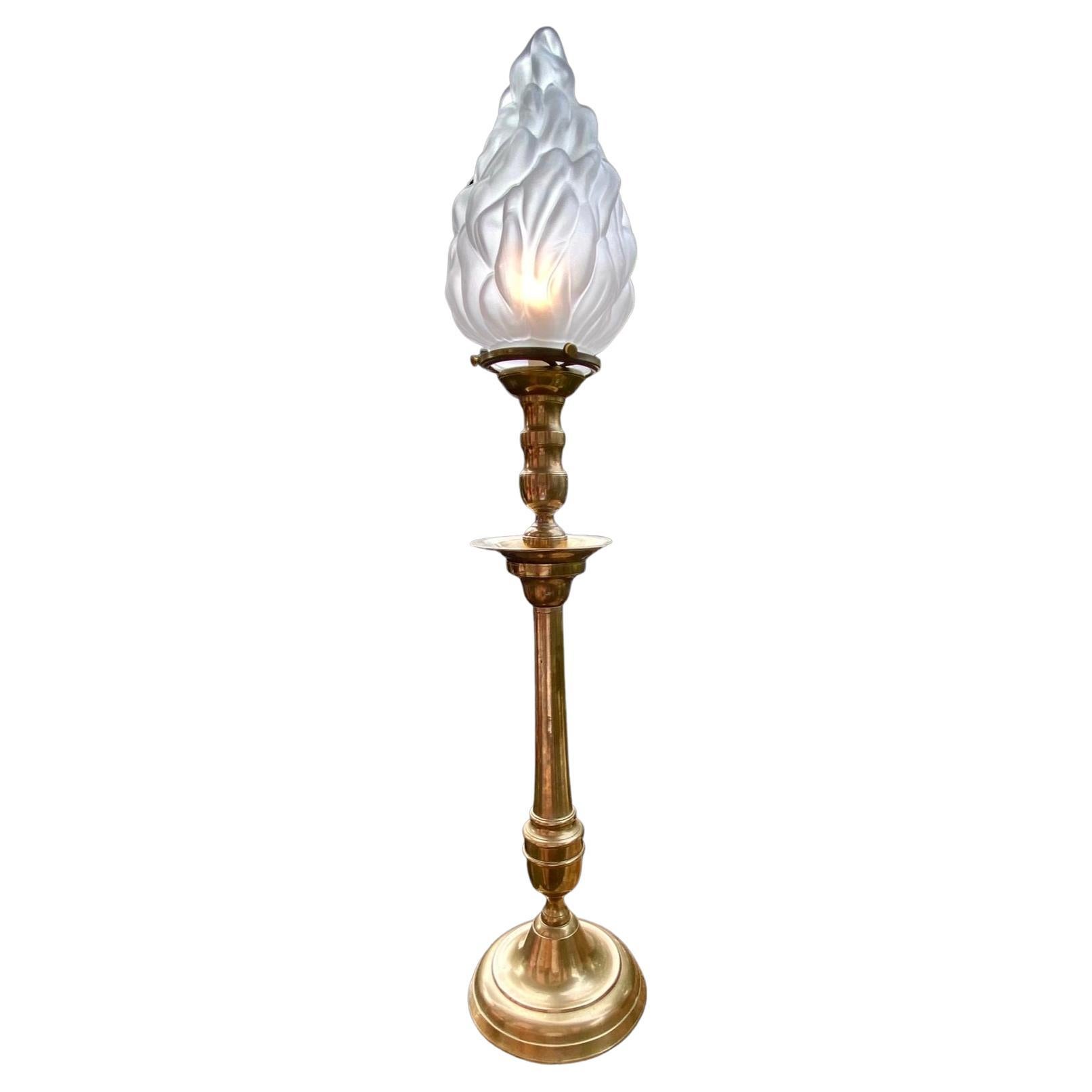 Vintage French Brass Candlestick Lamp with Frosted Flame Shade