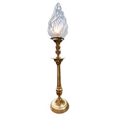Vintage French Brass Candlestick Lamp with Frosted Flame Shade