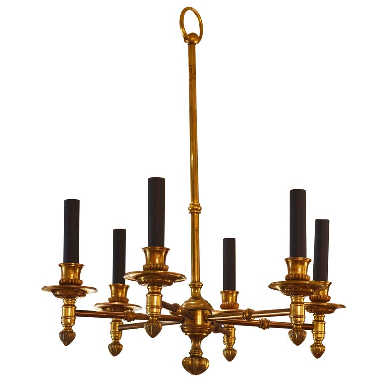 Vintage French Brass Chandelier with Black Candle Covers For Sale at