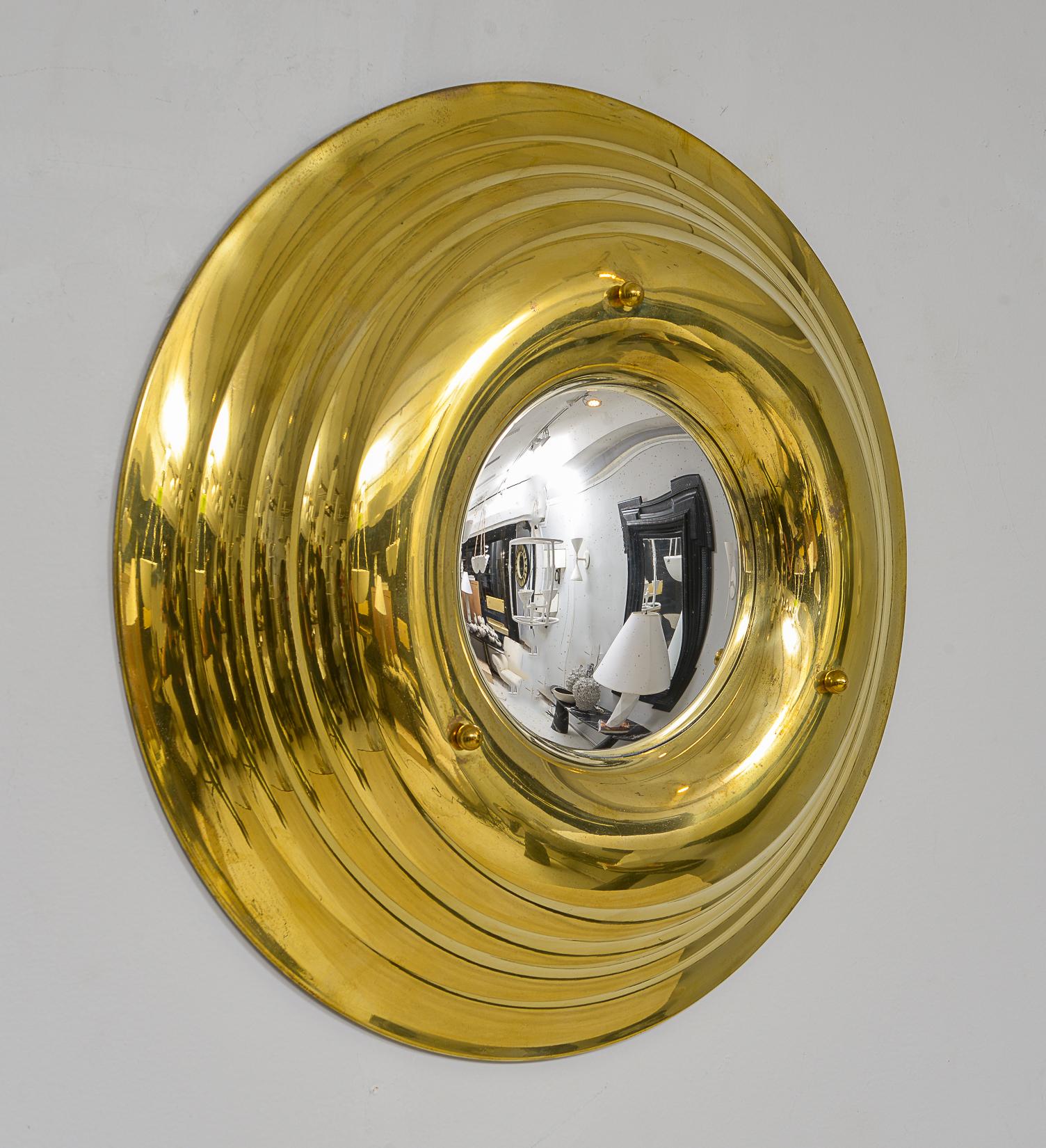 Mid-Century Modern Vintage French Brass Circular Convex Mirror