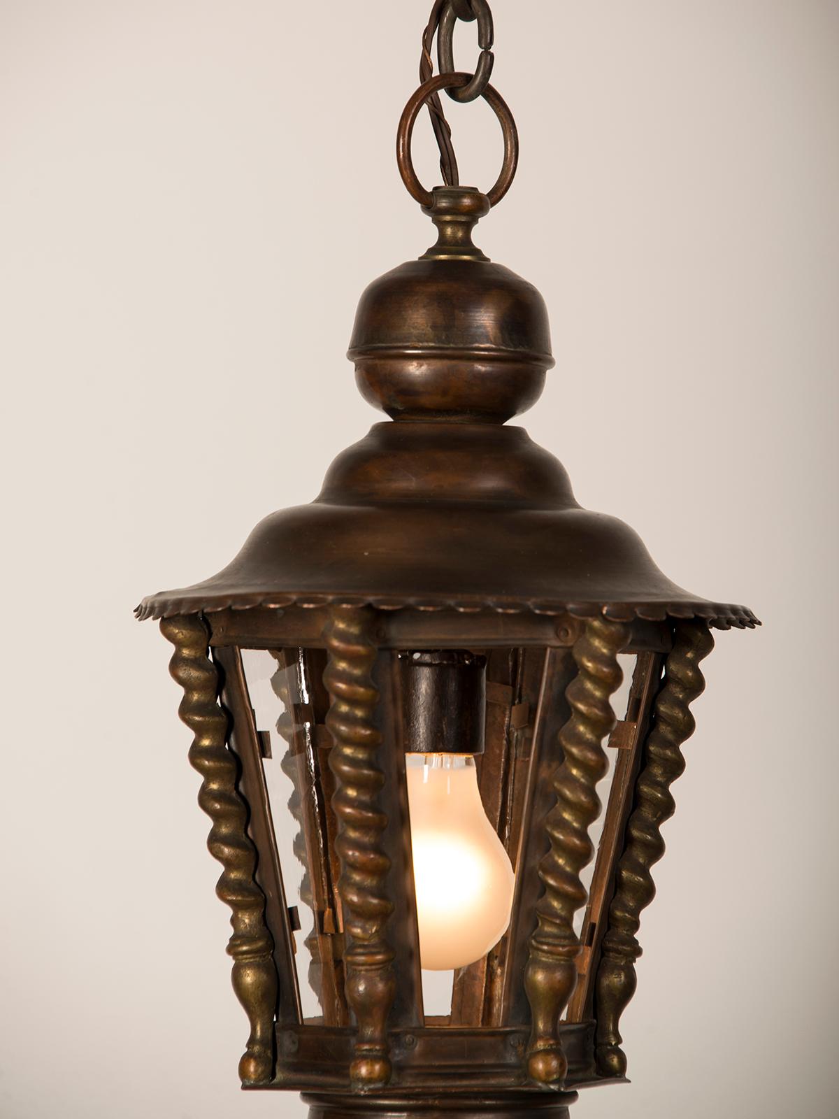 Neoclassical Vintage French Brass Copper Lantern Chandelier, France, circa 1920 For Sale