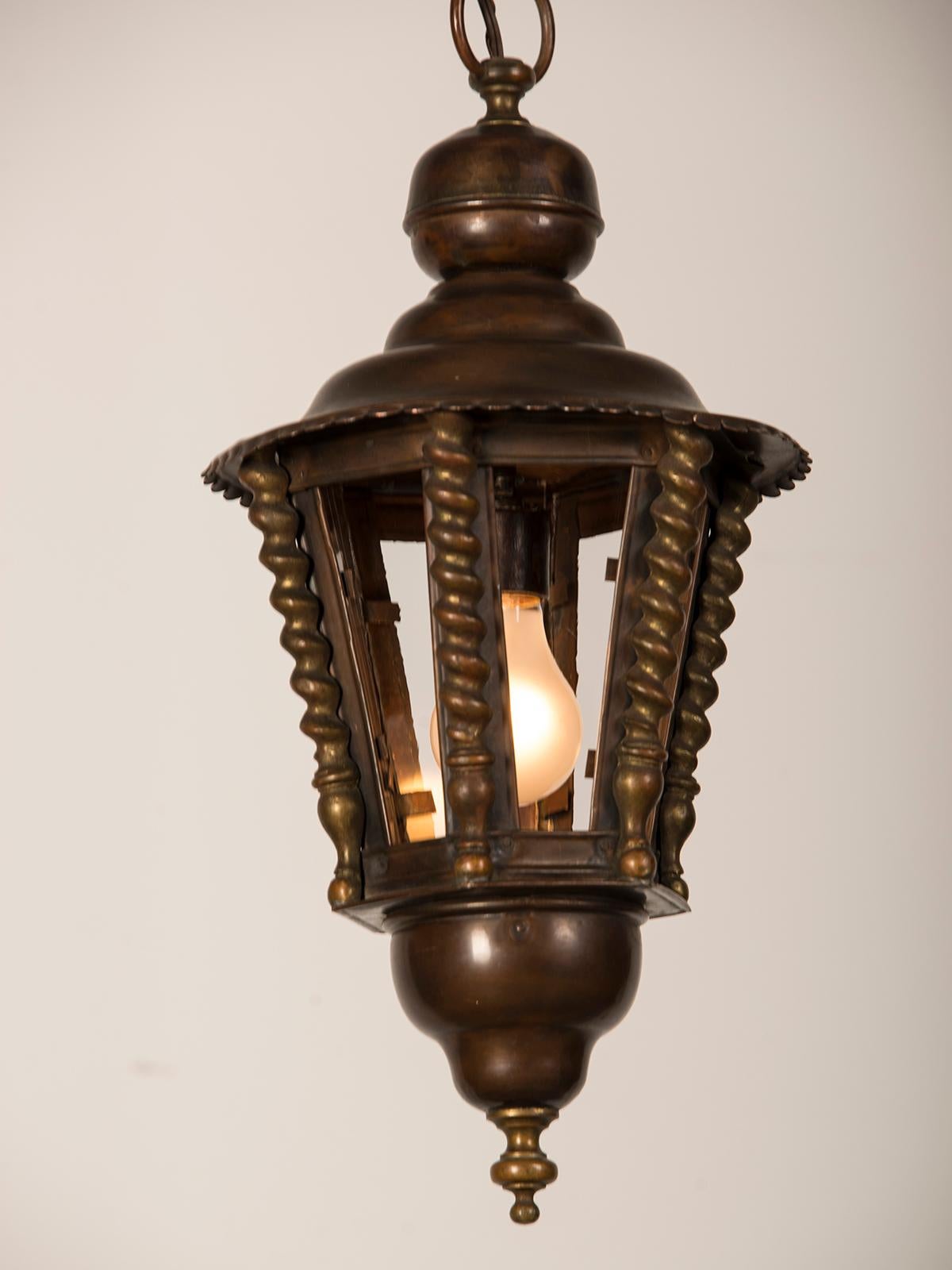 Vintage French Brass Copper Lantern Chandelier, France, circa 1920 In Good Condition For Sale In Houston, TX