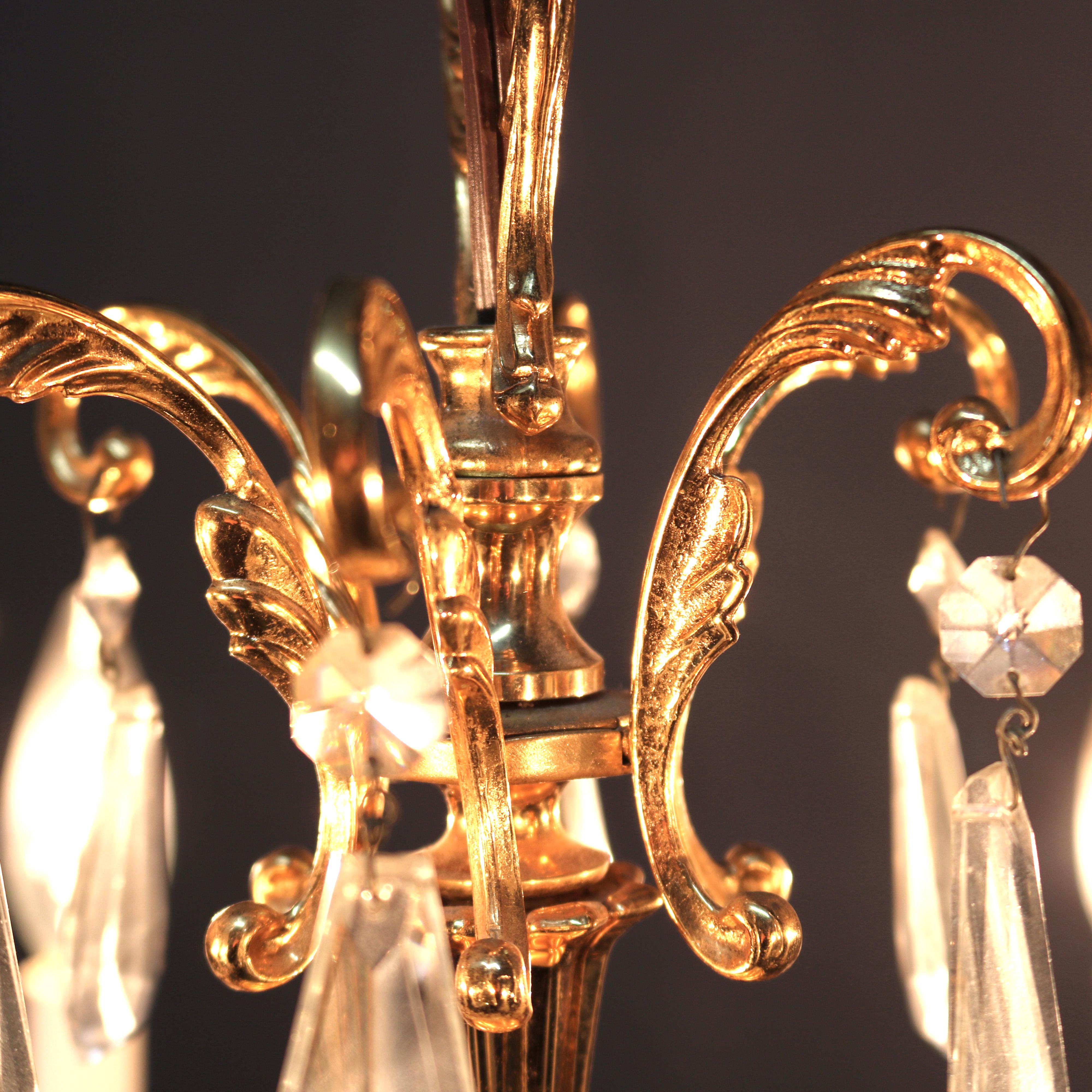 Vintage French Brass and Crystal Nine-Light Chandelier, circa 1930 3