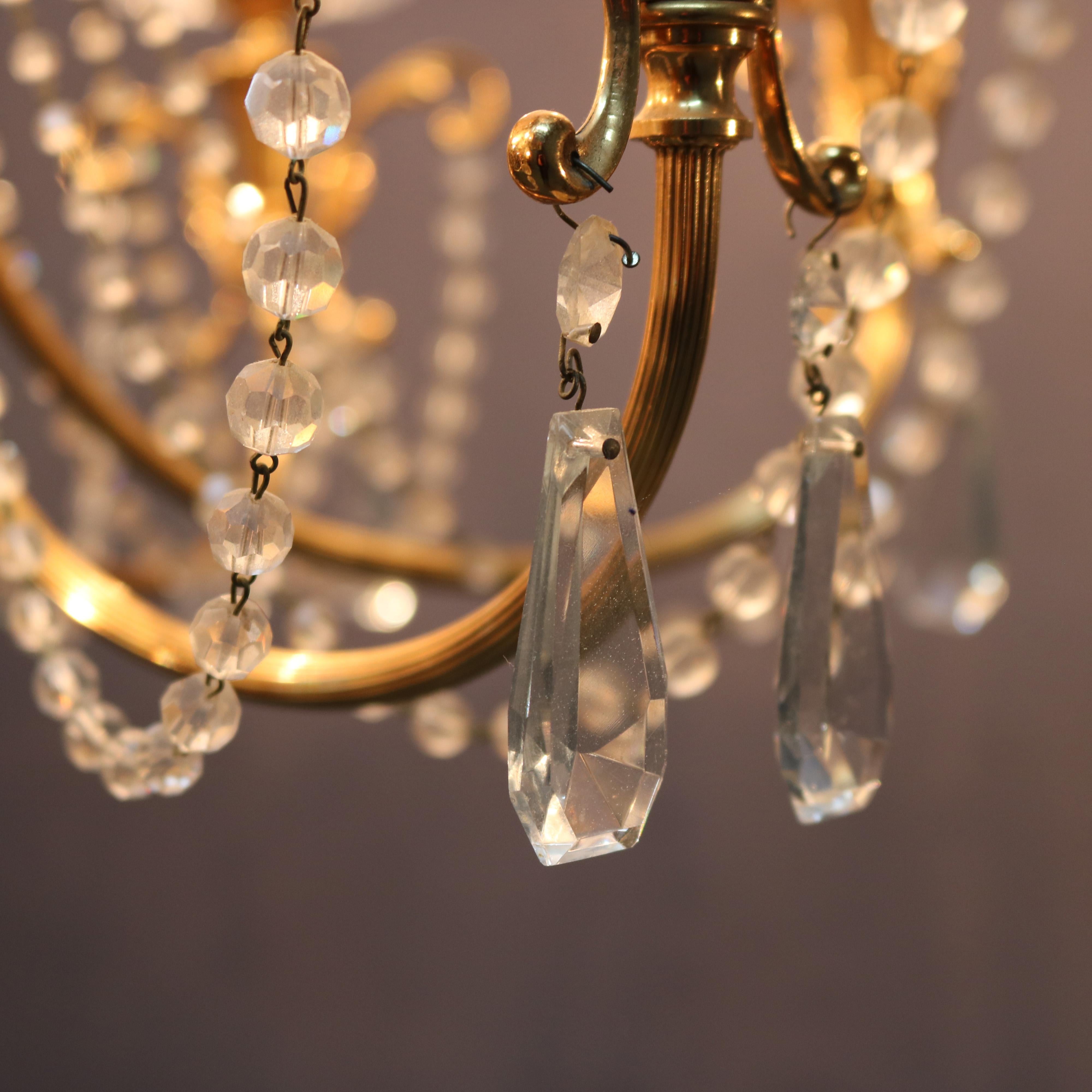 Vintage French Brass and Crystal Nine-Light Chandelier, circa 1930 5