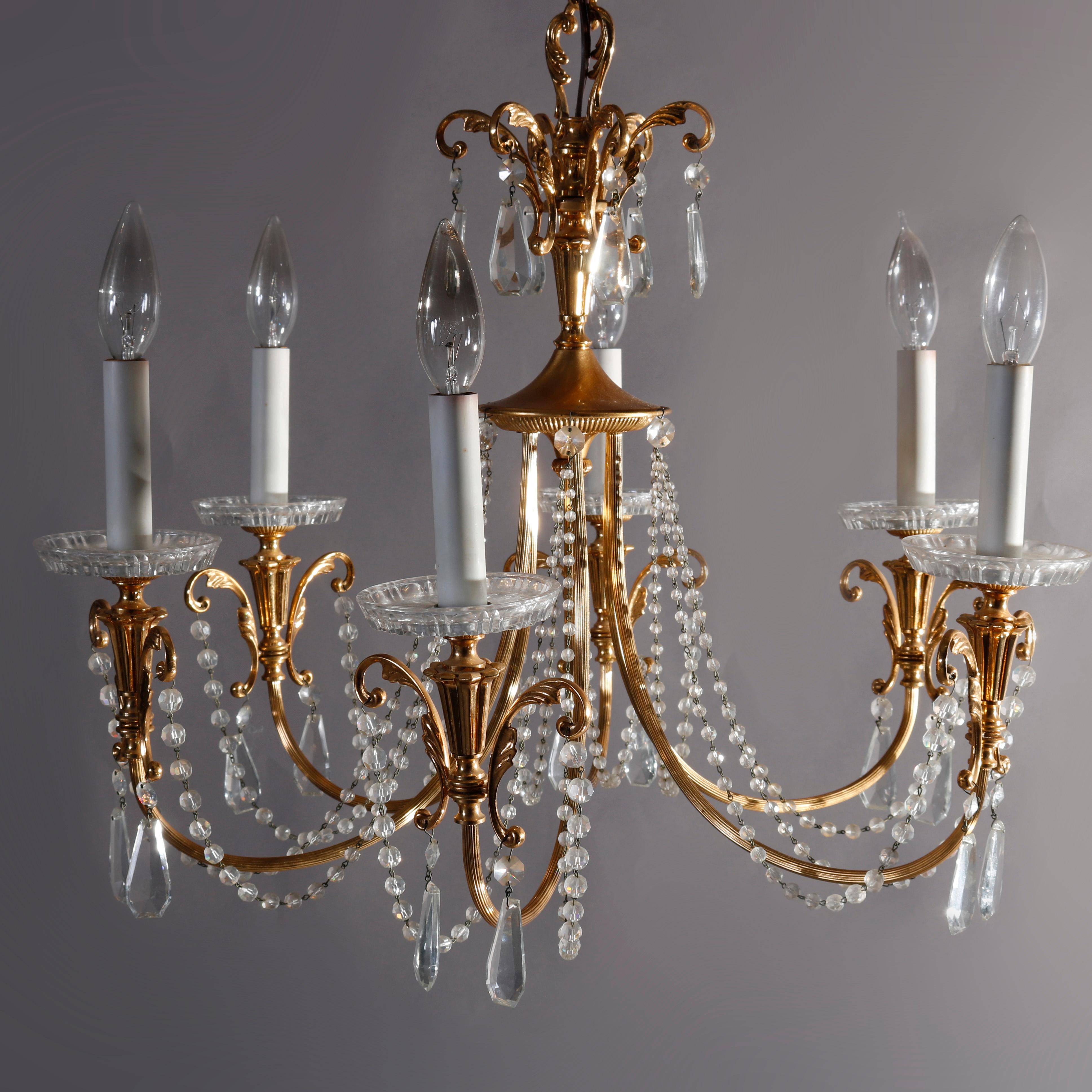 Vintage French Brass and Crystal Nine-Light Chandelier, circa 1930 In Good Condition In Big Flats, NY