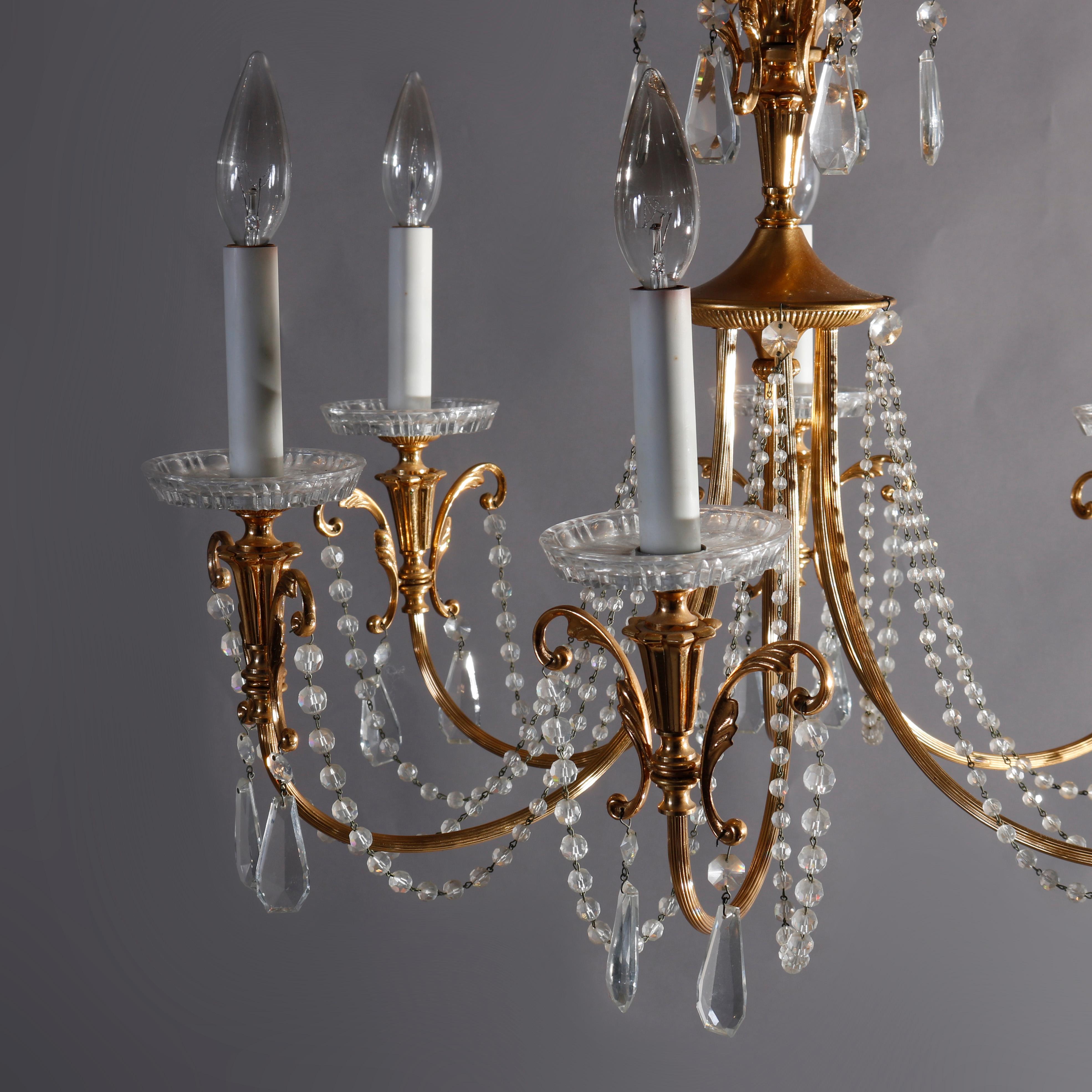 Vintage French Brass and Crystal Nine-Light Chandelier, circa 1930 2
