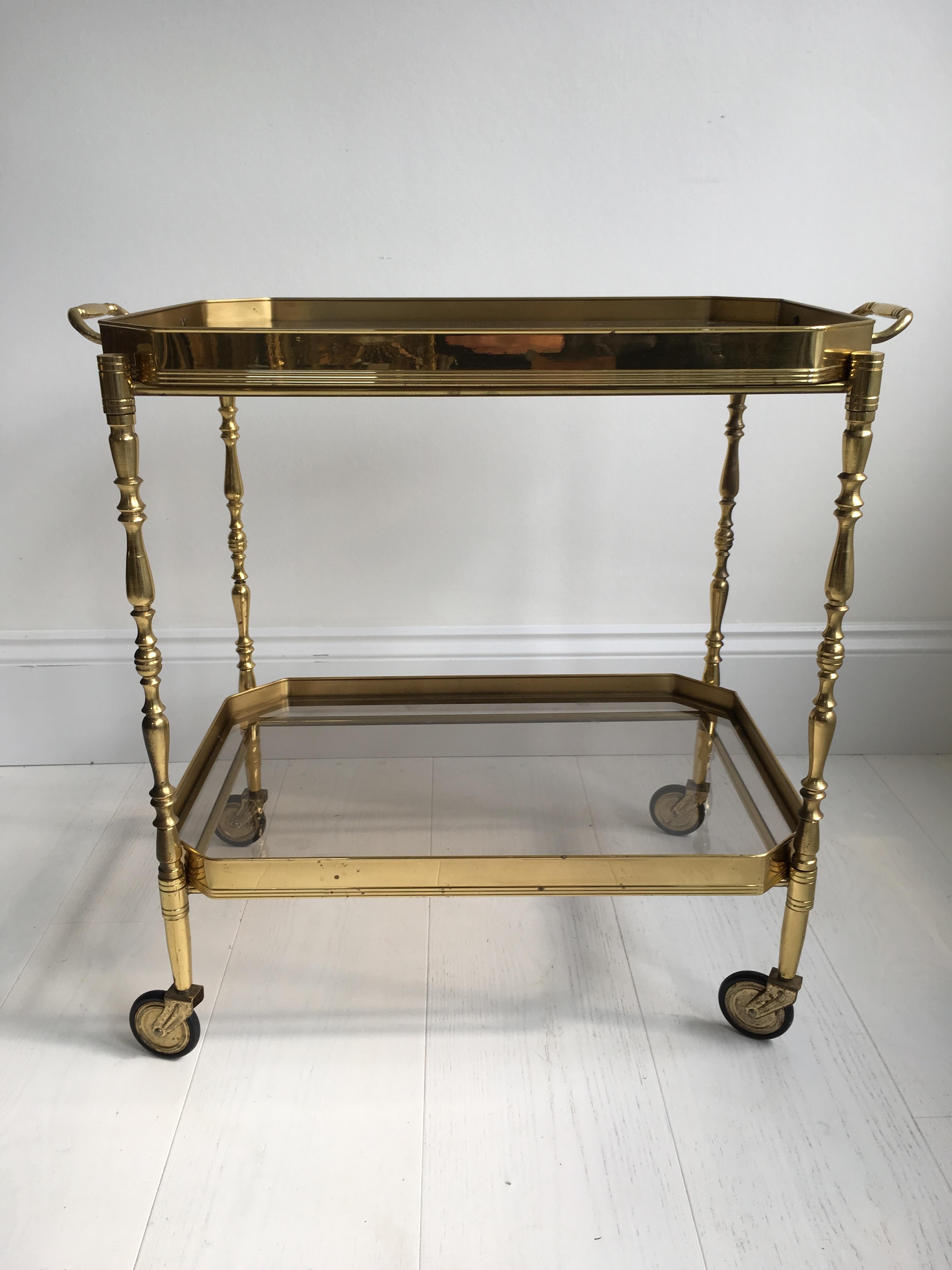 Hollywood Regency Vintage French Brass Drinks Trolley Bar Cart