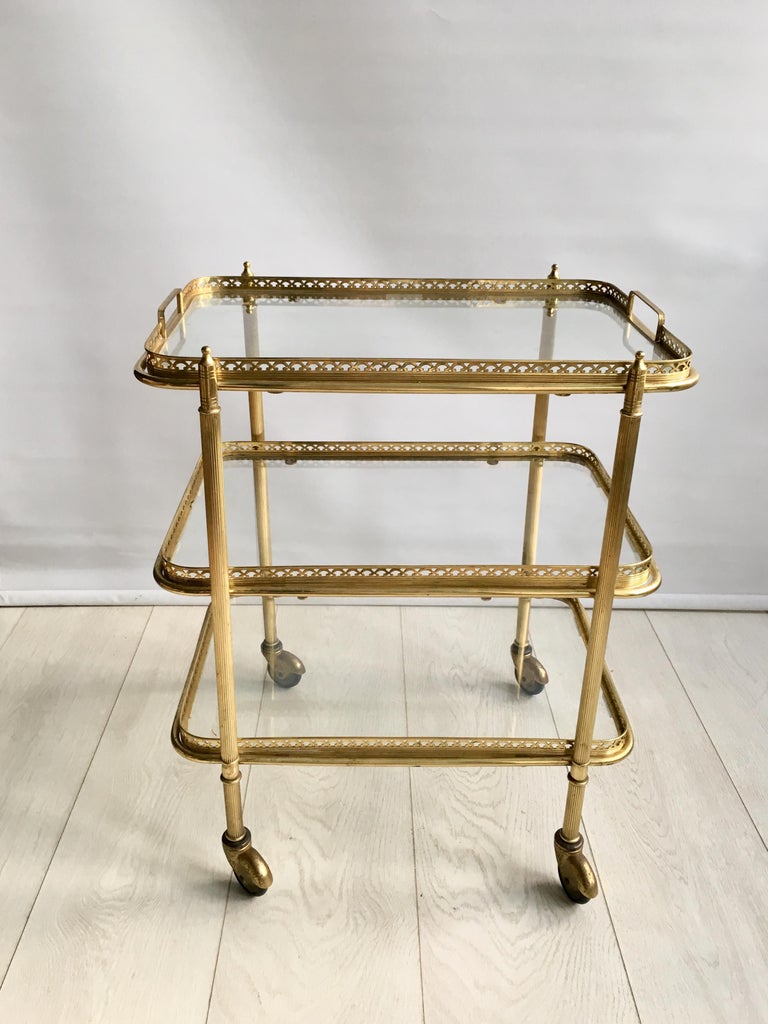 Hollywood Regency Vintage French Brass Drinks Trolley Bar Cart For Sale