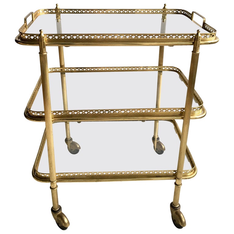 Vintage French Brass Drinks Trolley Bar Cart For Sale