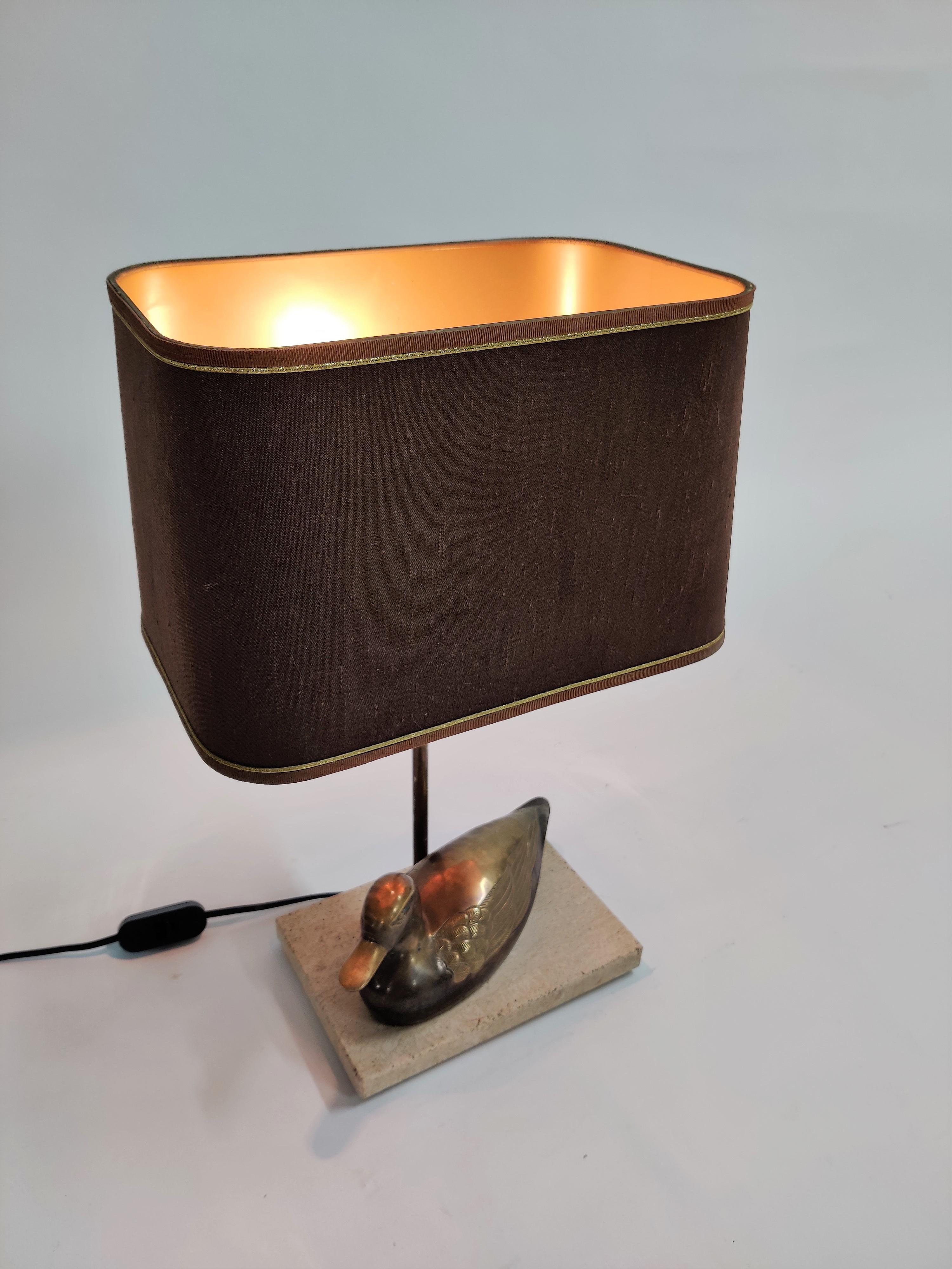 Vintage French Brass Duck on a Travertine Base Table Lamp, 1970s 5