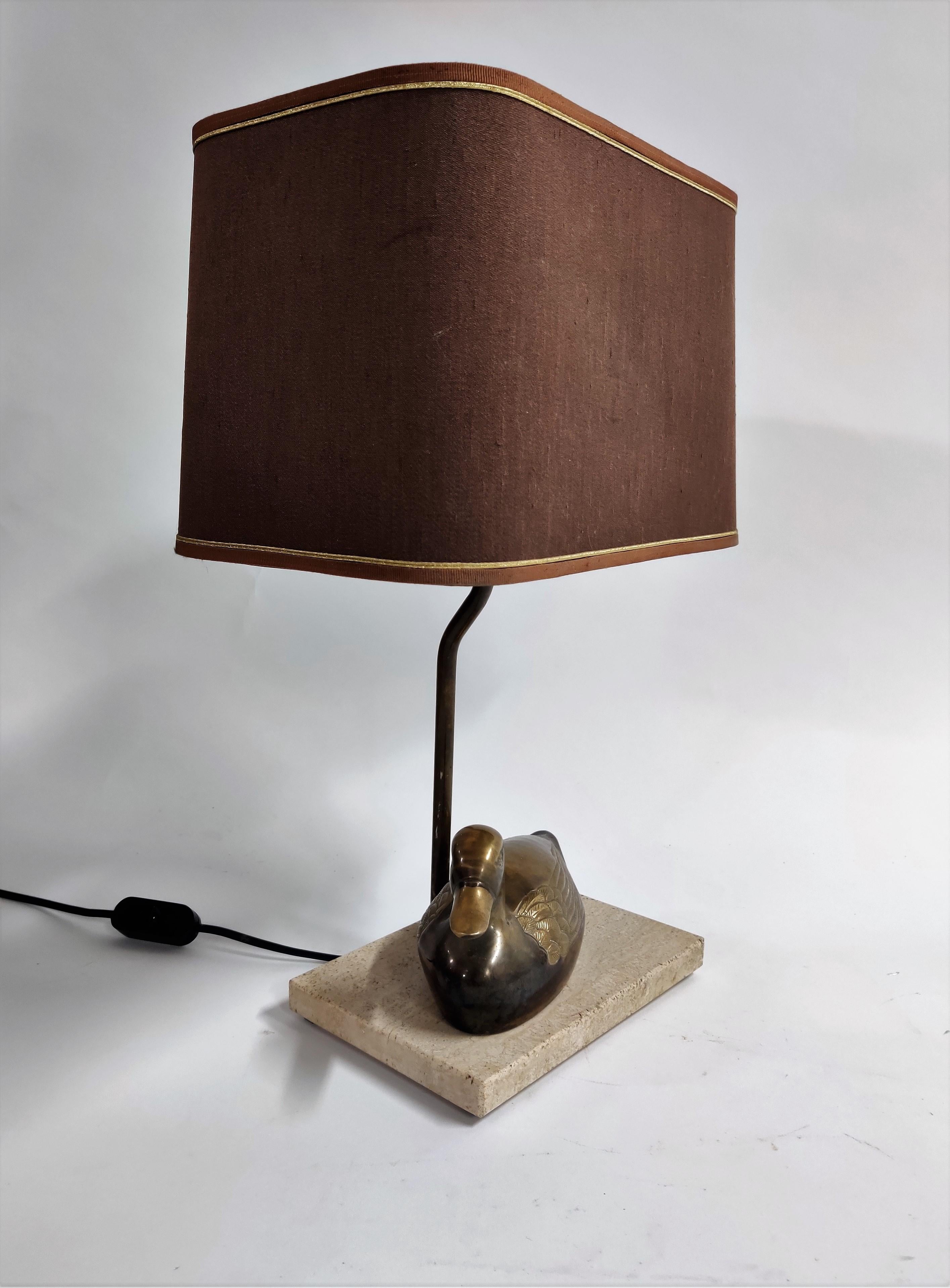 Vintage French Brass Duck on a Travertine Base Table Lamp, 1970s In Good Condition In HEVERLEE, BE
