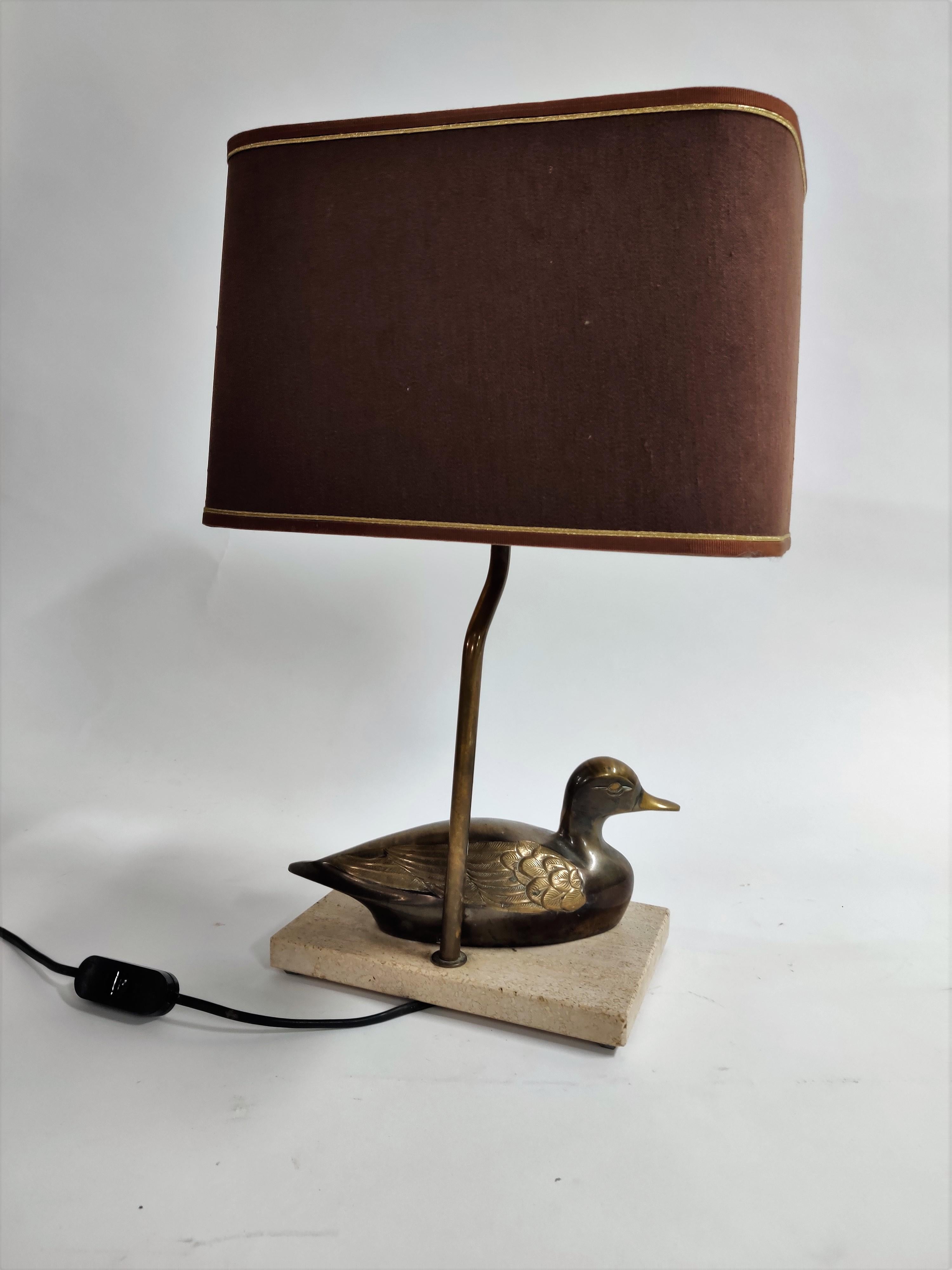 Late 20th Century Vintage French Brass Duck on a Travertine Base Table Lamp, 1970s