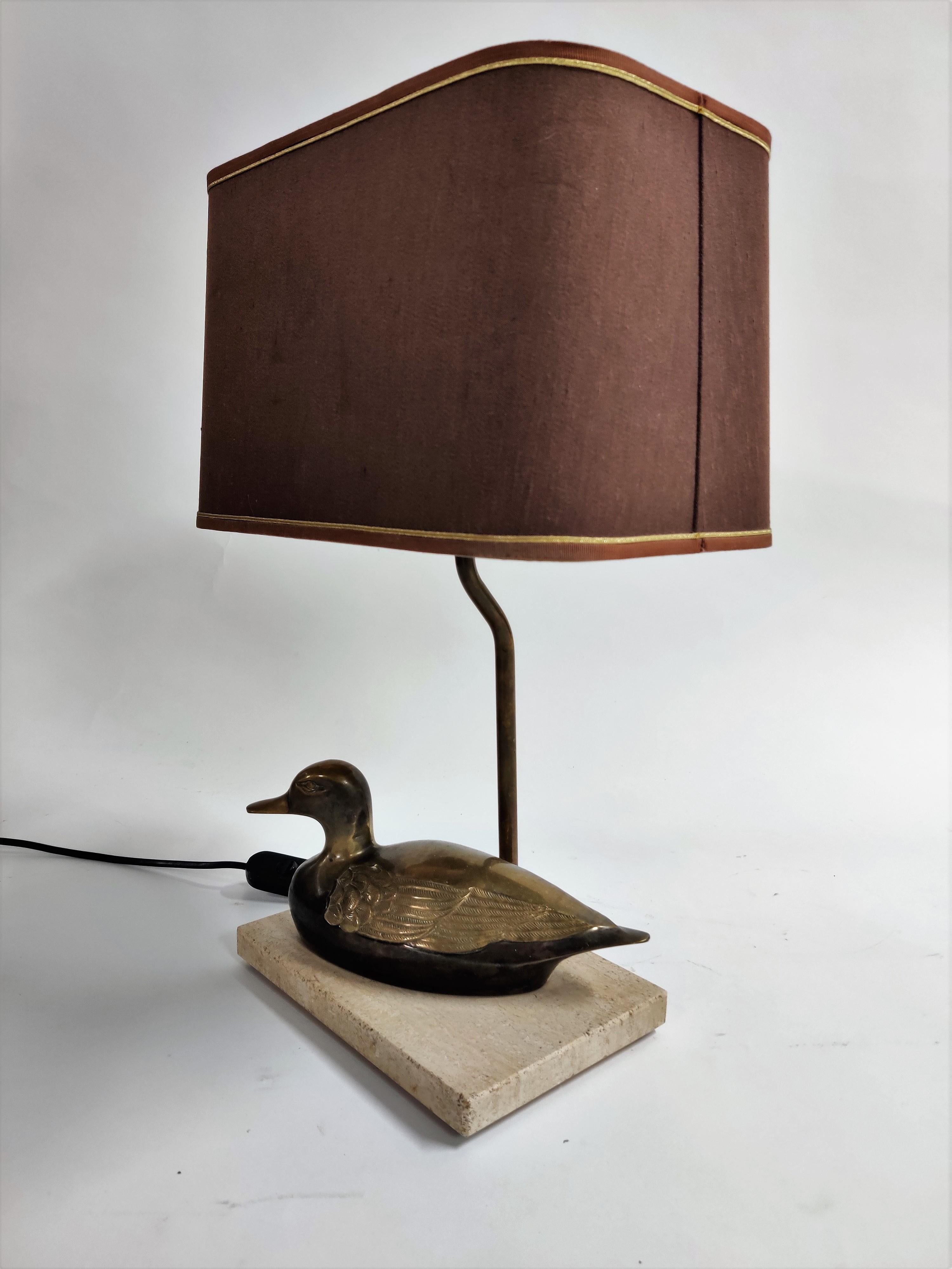 Vintage French Brass Duck on a Travertine Base Table Lamp, 1970s 1