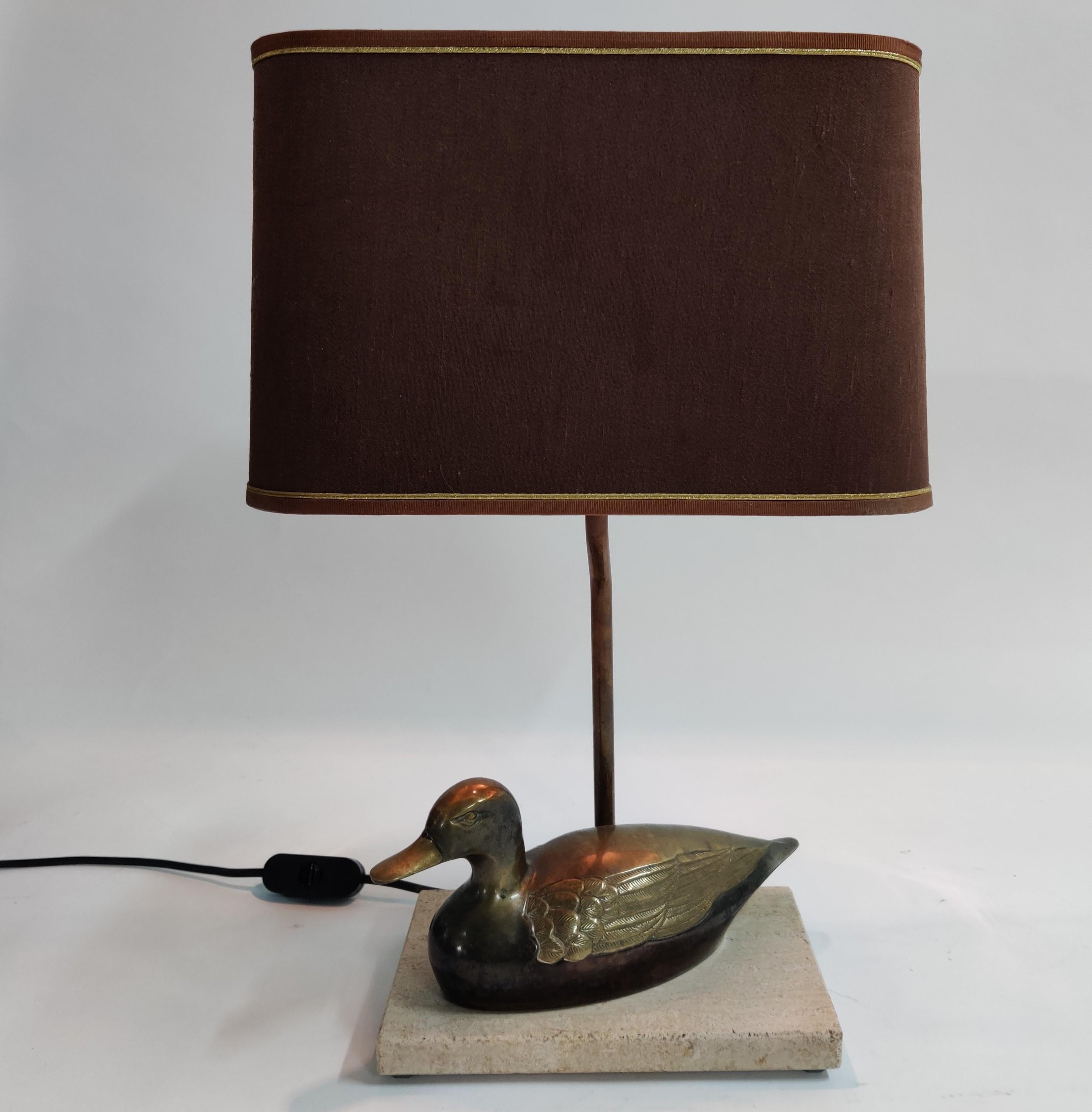 Vintage French Brass Duck on a Travertine Base Table Lamp, 1970s 2
