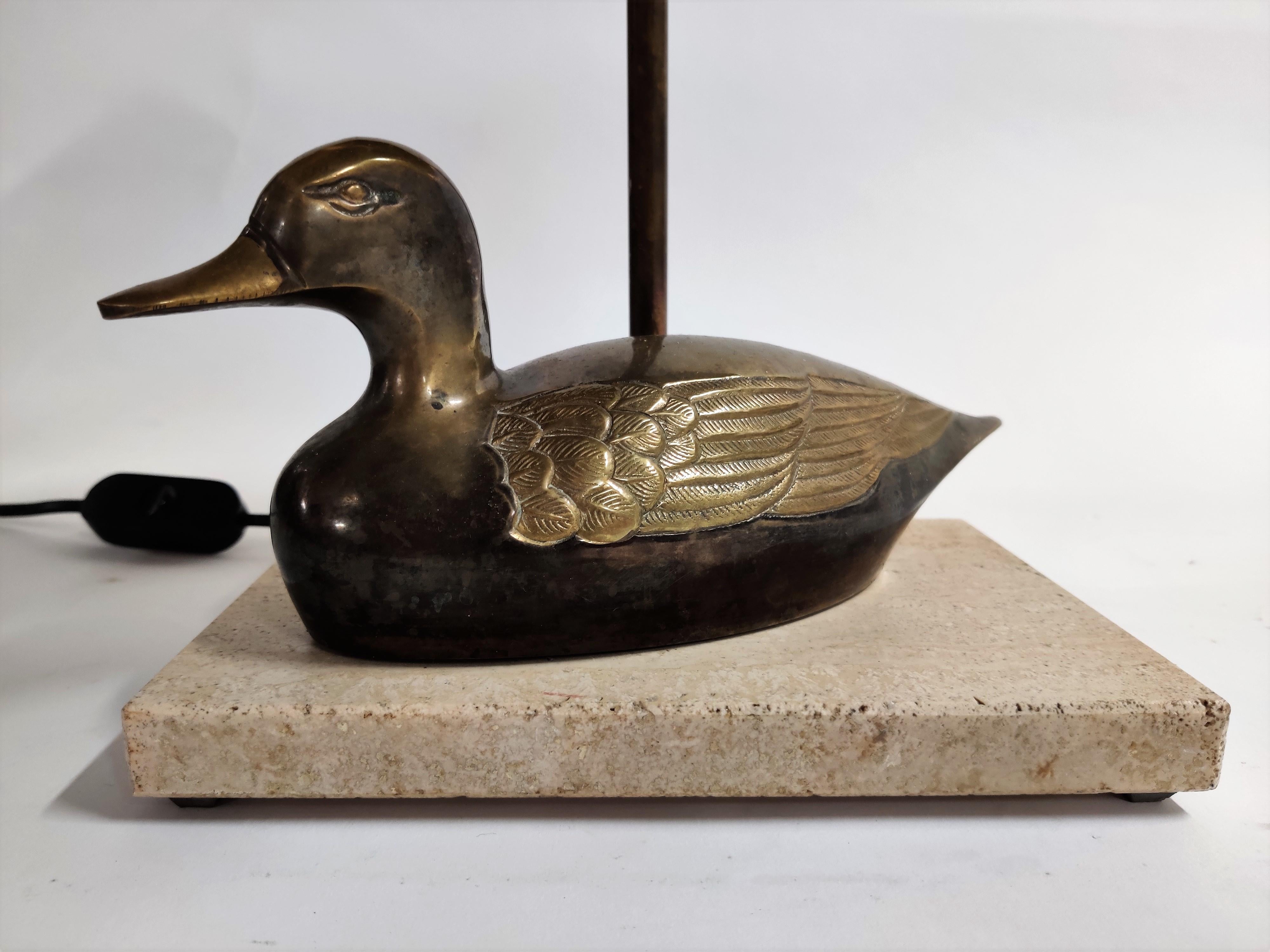 Vintage French Brass Duck on a Travertine Base Table Lamp, 1970s 3