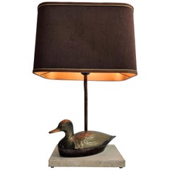 Vintage French Brass Duck on a Travertine Base Table Lamp, 1970s