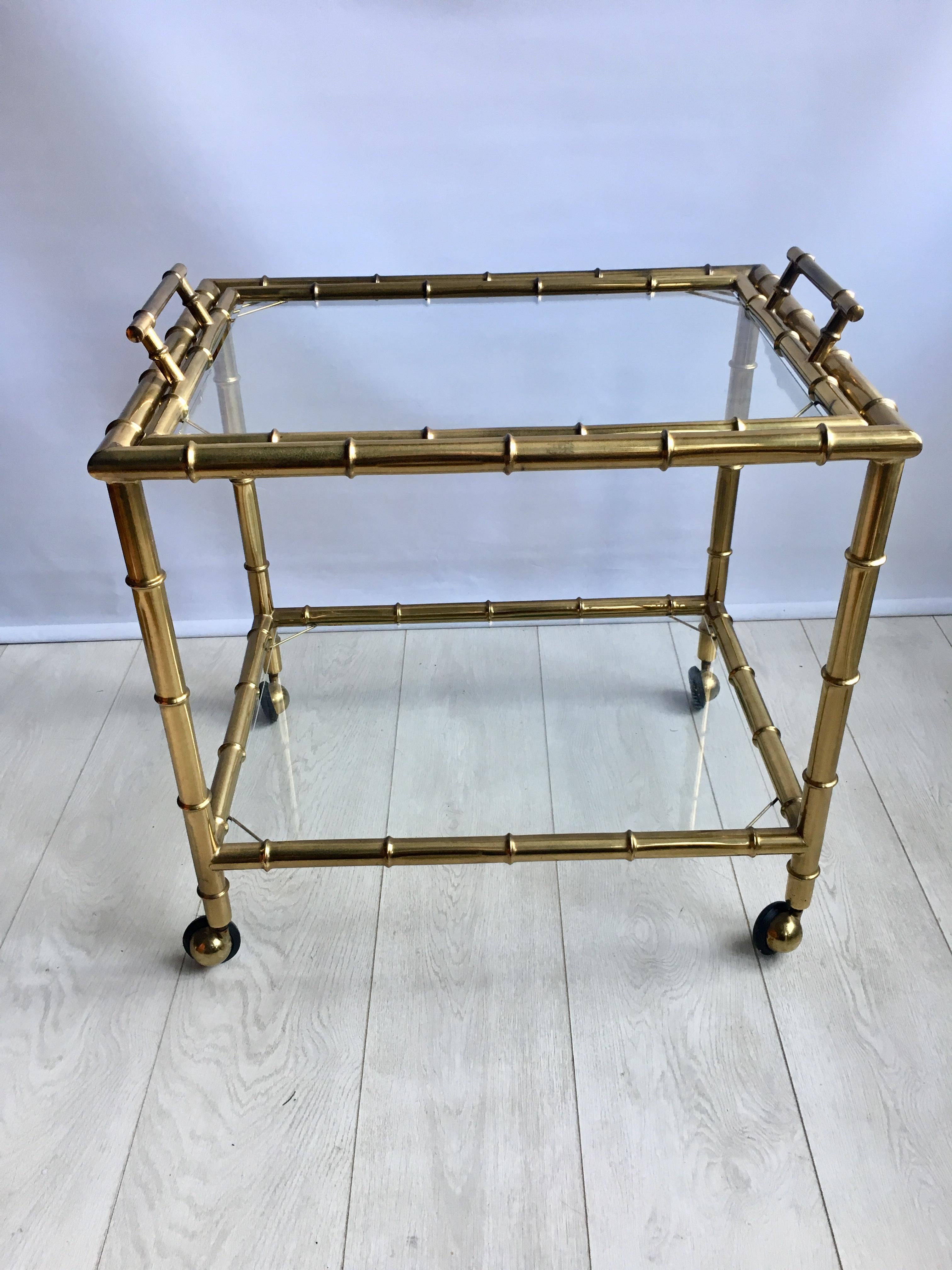 Late 20th Century Vintage French Brass Faux Bamboo Drinks Trolley