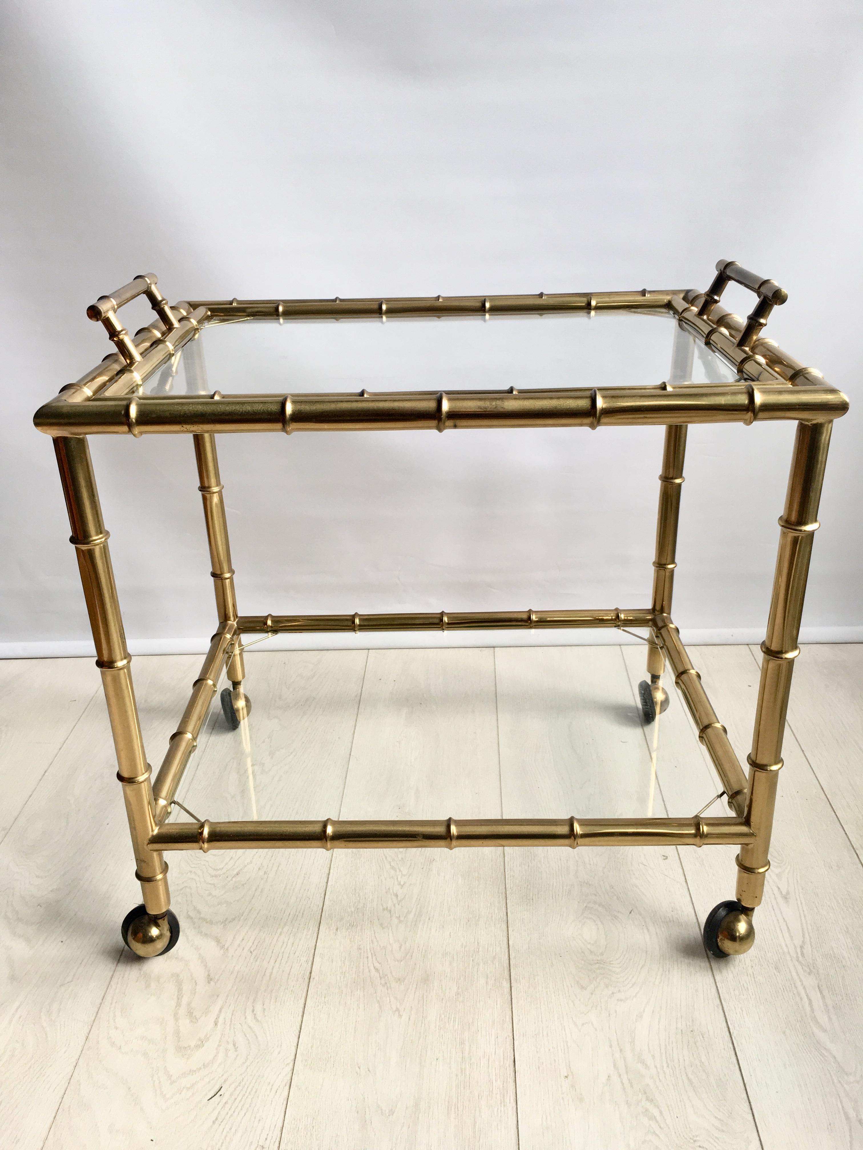 Vintage French Brass Faux Bamboo Drinks Trolley 1