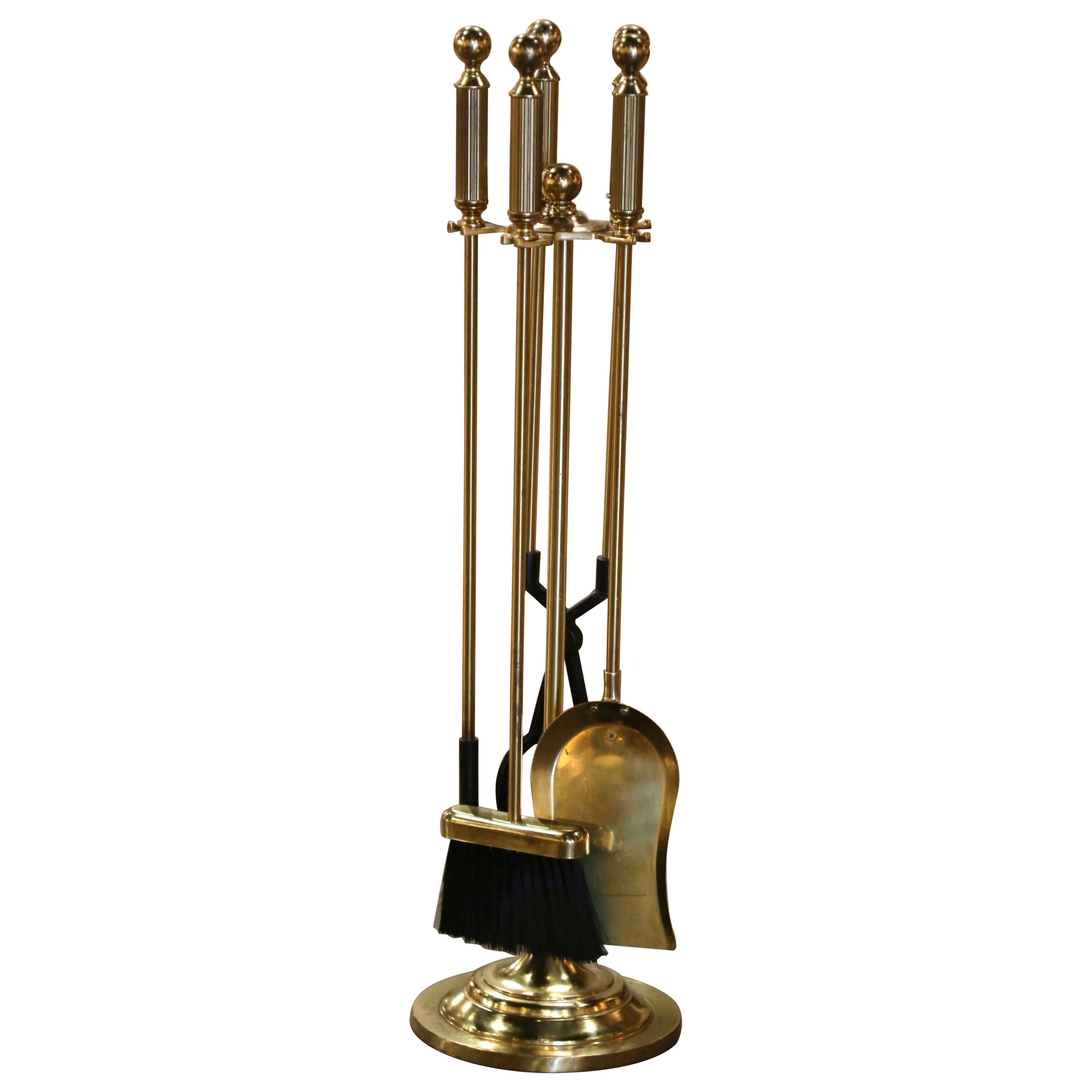 Vintage French Brass Fireplace Four-Piece Tool Set on Stand