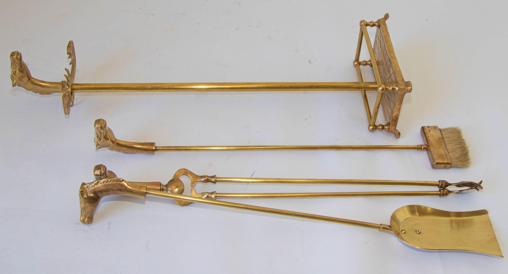 Vintage French Brass Fireplace Tools Set with Horse Head Motif, 1950s 5