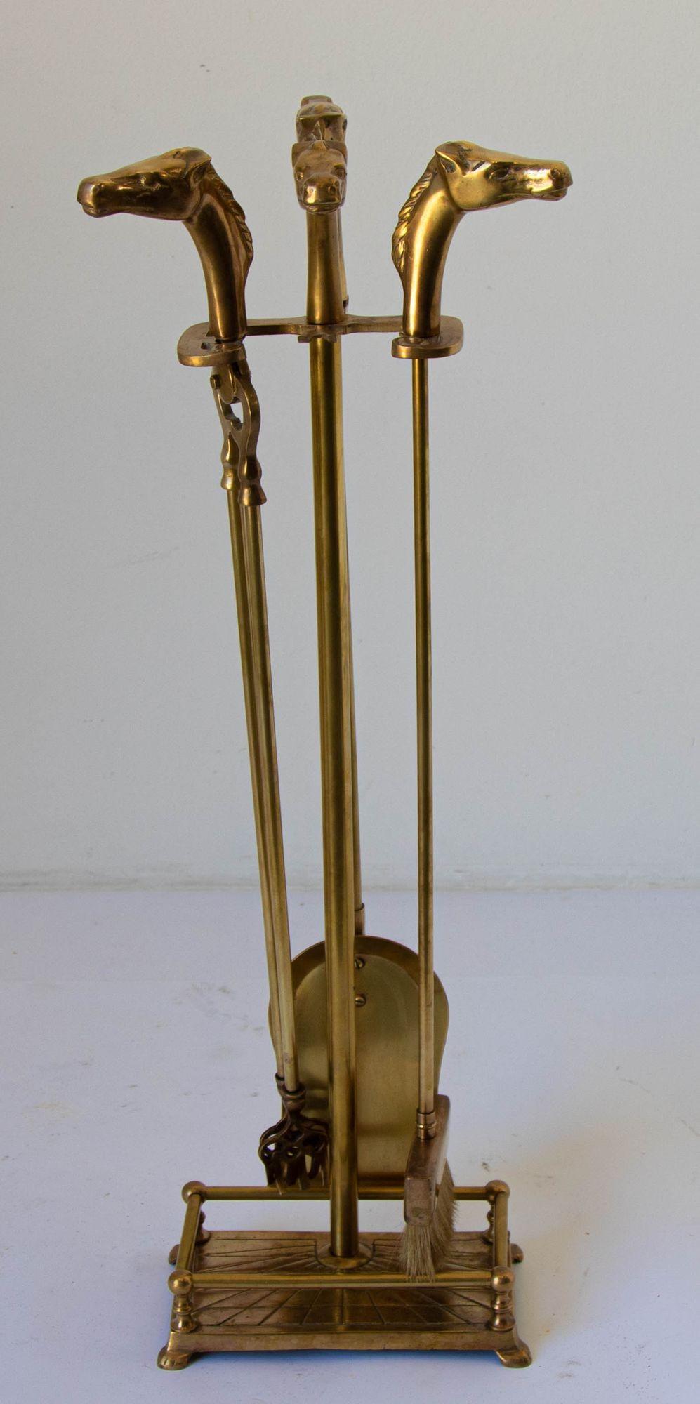 Vintage French Brass Fireplace Tools Set with Horse Head Motif, 1950s 13