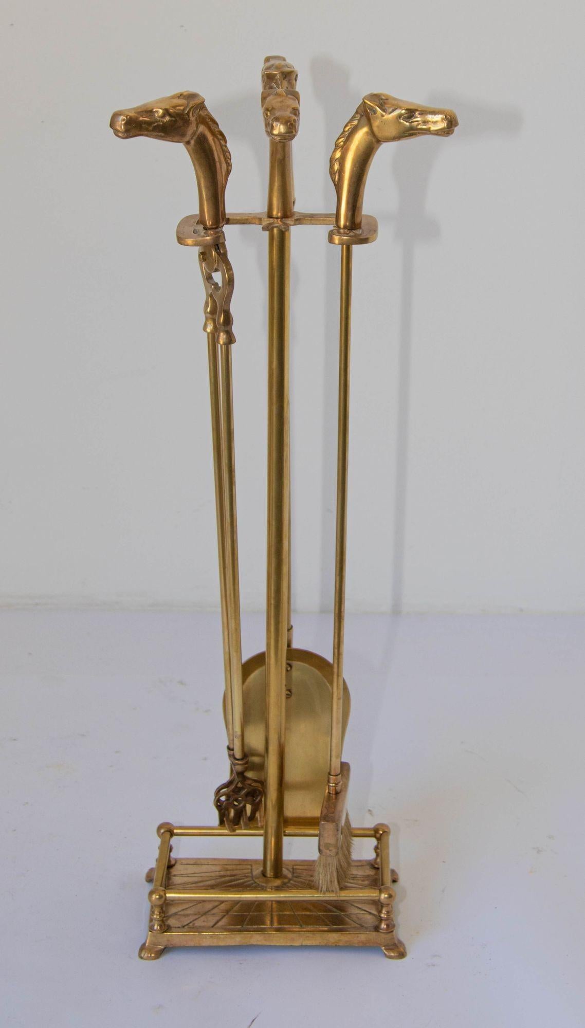 Vintage French Brass Fireplace Tools Set with Horse Head Motif, 1950s 11