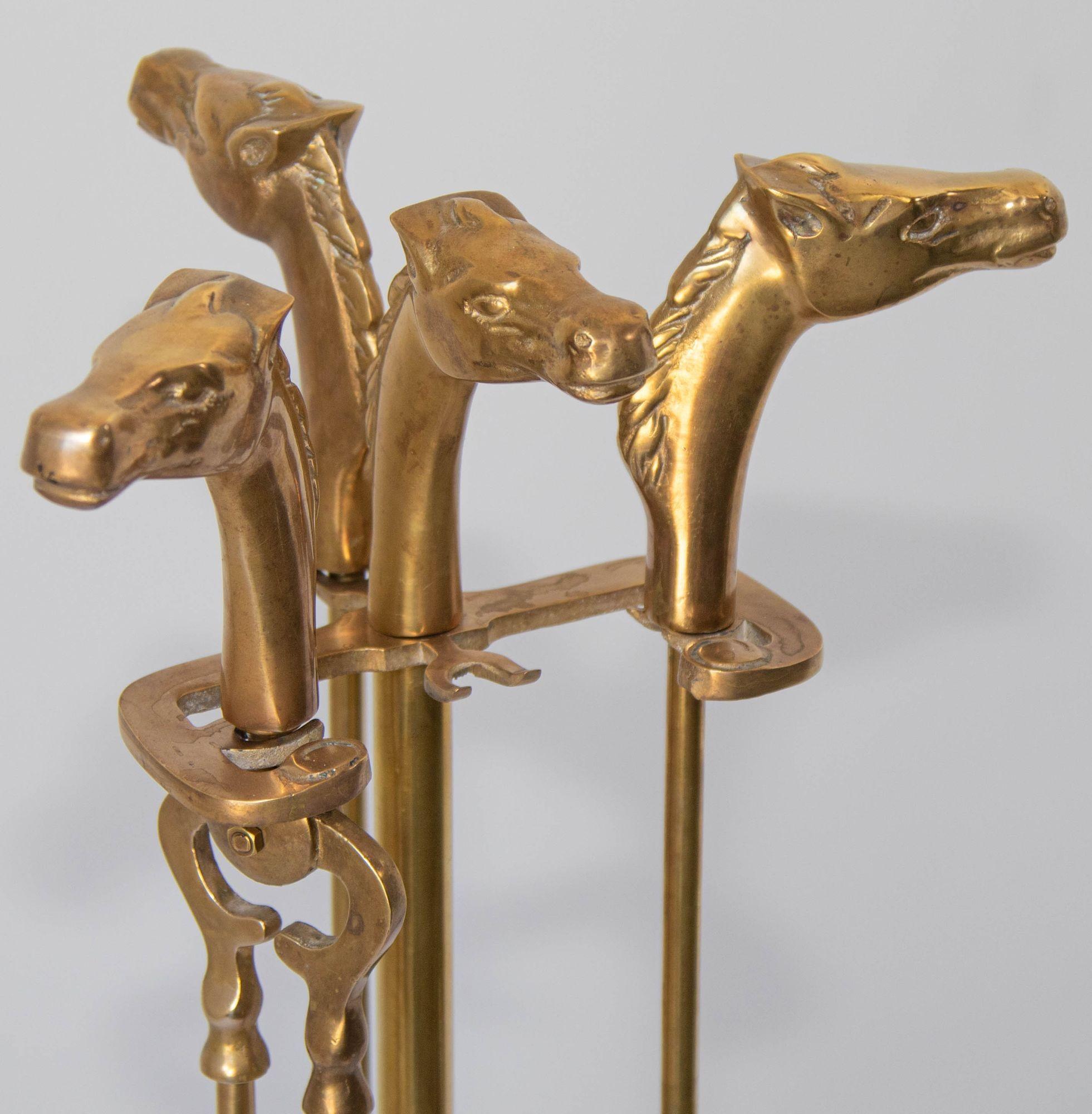 Hollywood Regency Vintage French Brass Fireplace Tools Set with Horse Head Motif, 1950s