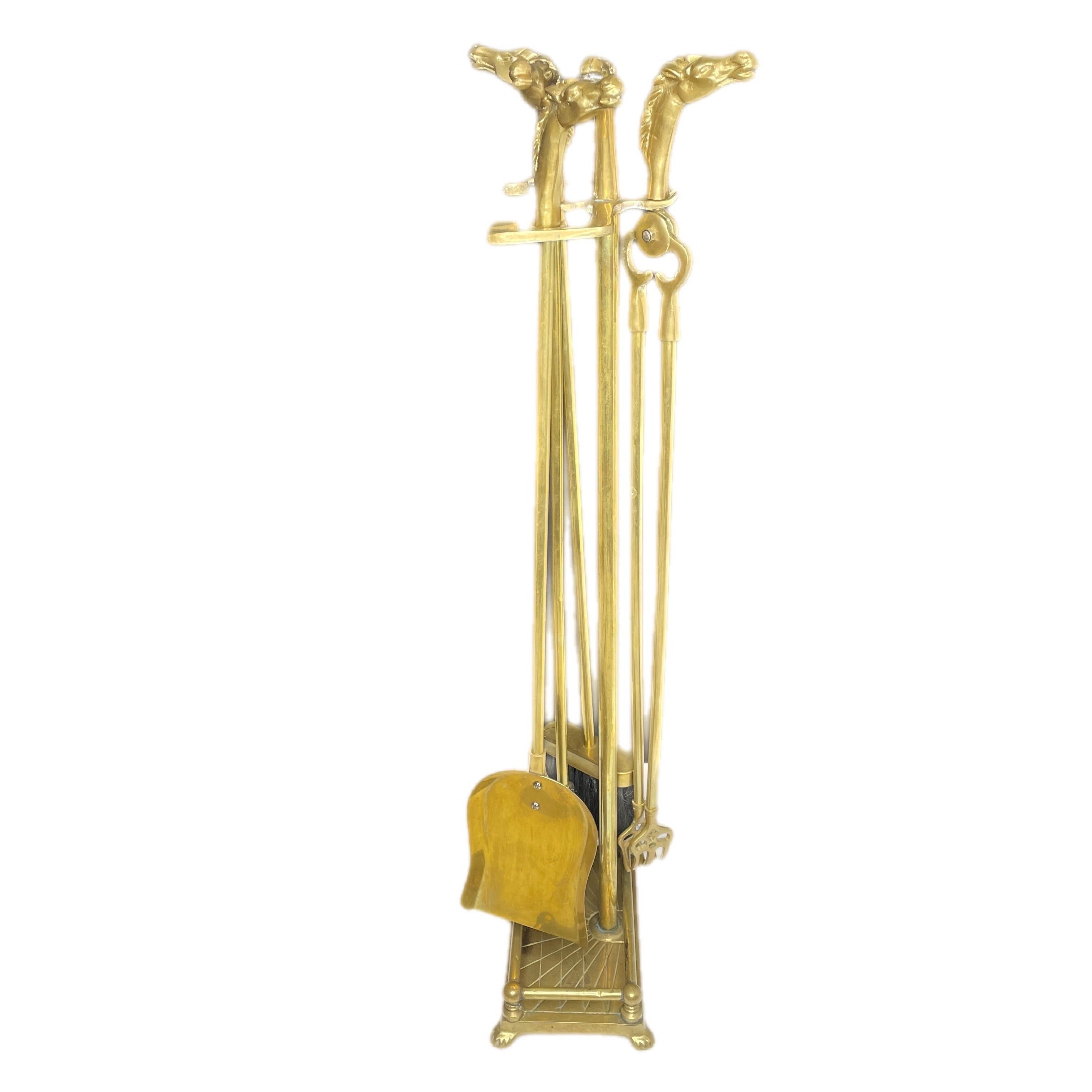Vintage French Brass Fireplace Tools Set with Horse Head Motif, 1950s For Sale 2