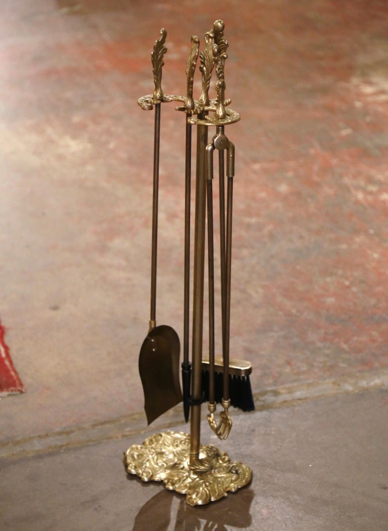 Vintage French Brass FivePiece Fireplace Tool Set with Acanthus Leaf