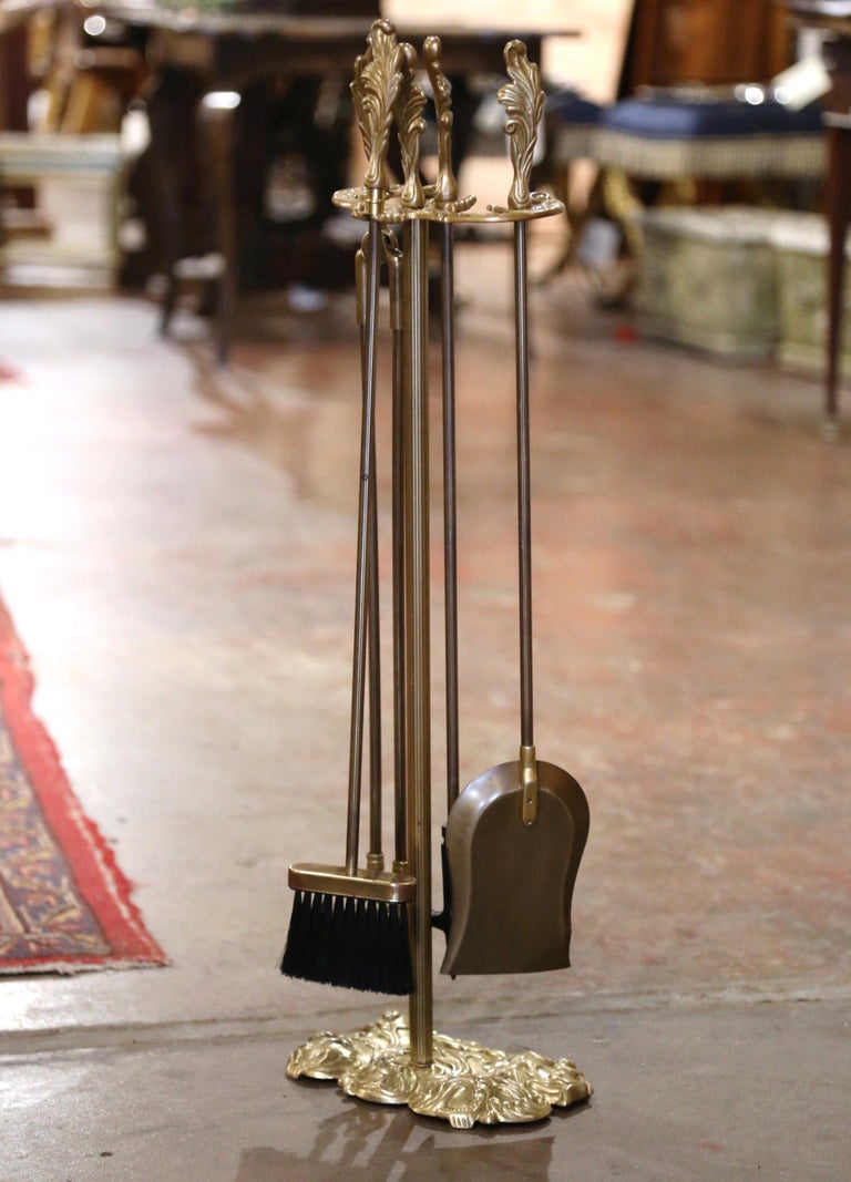 Vintage French Brass FivePiece Fireplace Tool Set with Acanthus Leaf