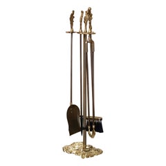 Vintage French Brass Five-Piece Fireplace Tool Set with Acanthus Leaf Motif