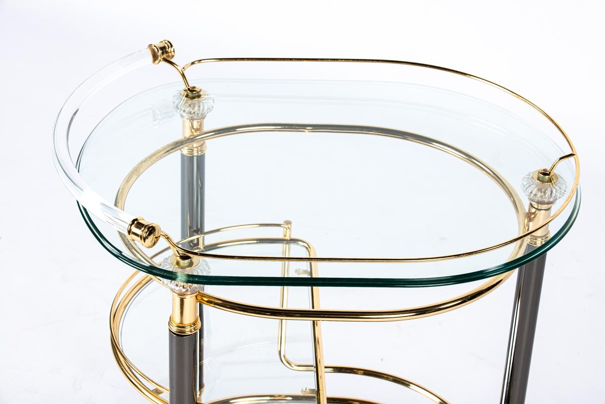 Vintage French brass, glass and black chrome Hollywood regency bar trolley cart For Sale 3