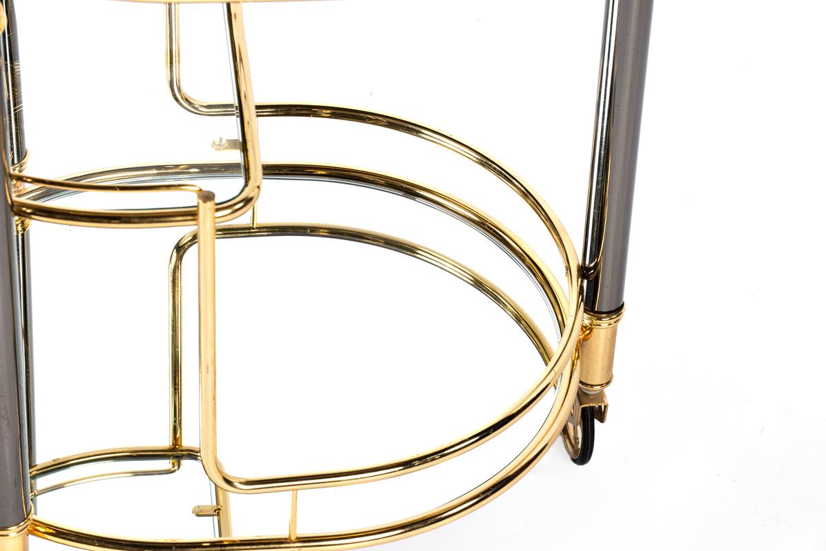 Vintage French brass, glass and black chrome Hollywood regency bar trolley cart For Sale 4
