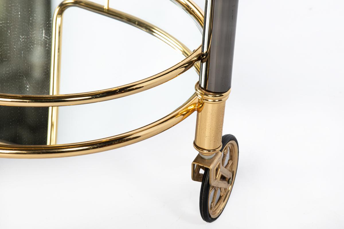 Vintage French brass, glass and black chrome Hollywood regency bar trolley cart For Sale 9