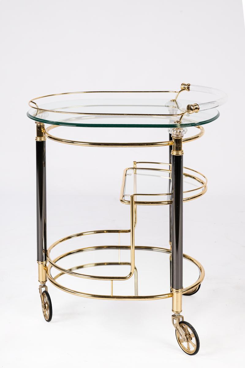 Hollywood Regency Vintage French brass, glass and black chrome Hollywood regency bar trolley cart For Sale
